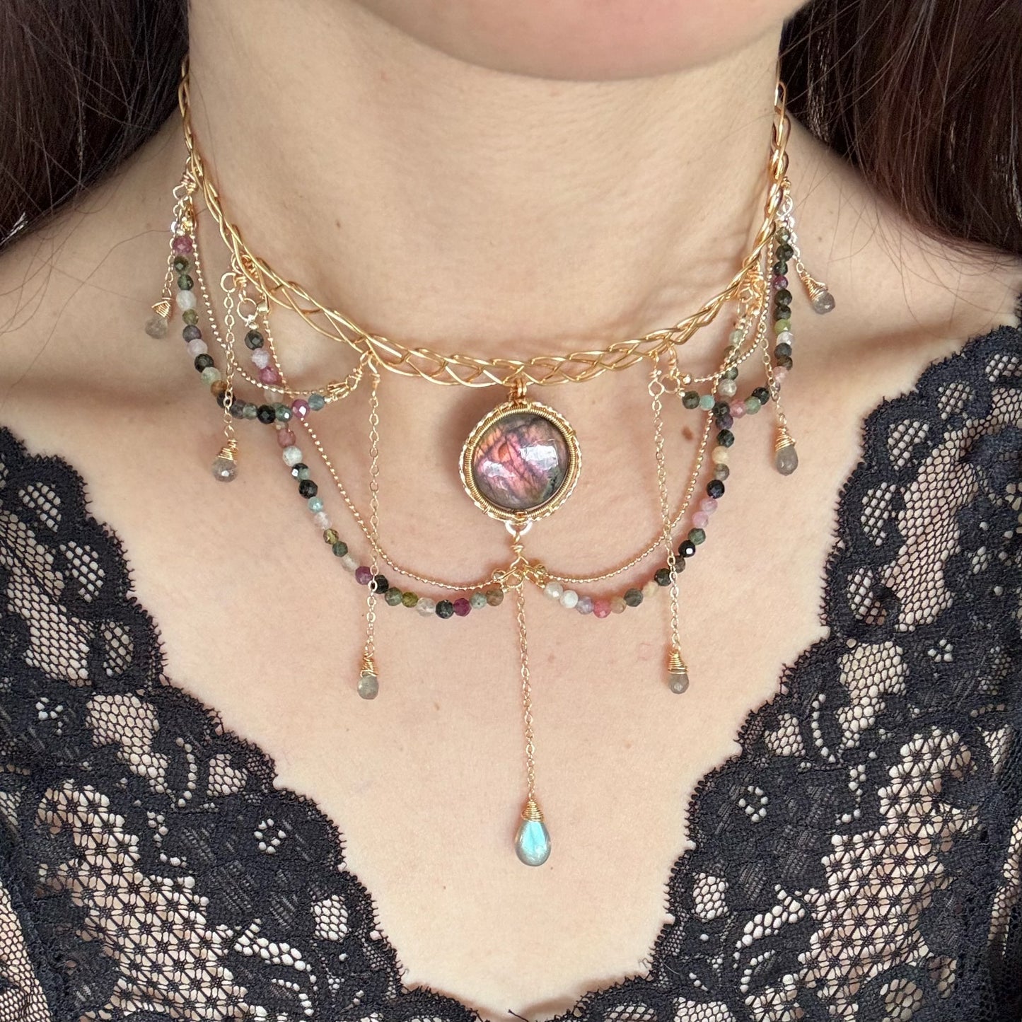 Handmade Red/Pink Labradorite Choker - Wire Wrapped Jewelry