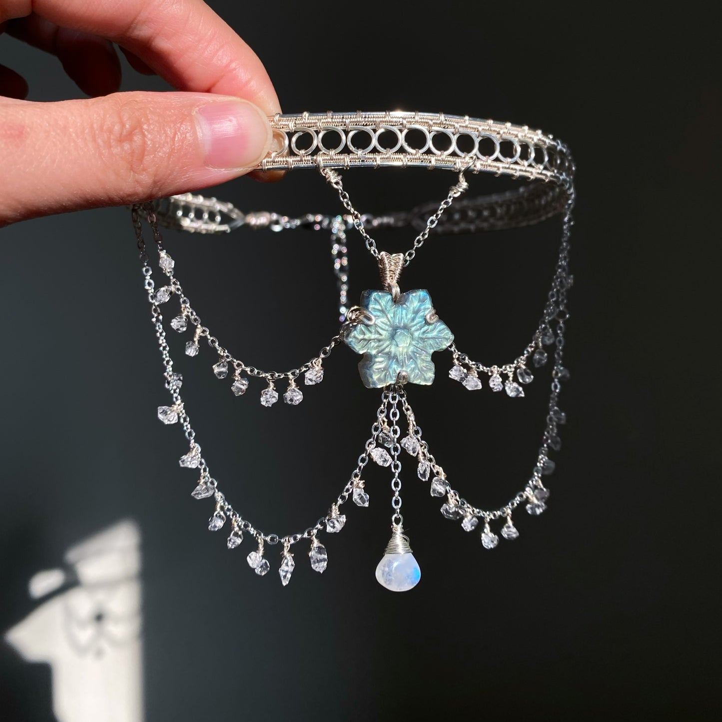 Handmade Snowflake Labradorite and Herkimer Diamond Choker - Wire Wrapped Jewelry