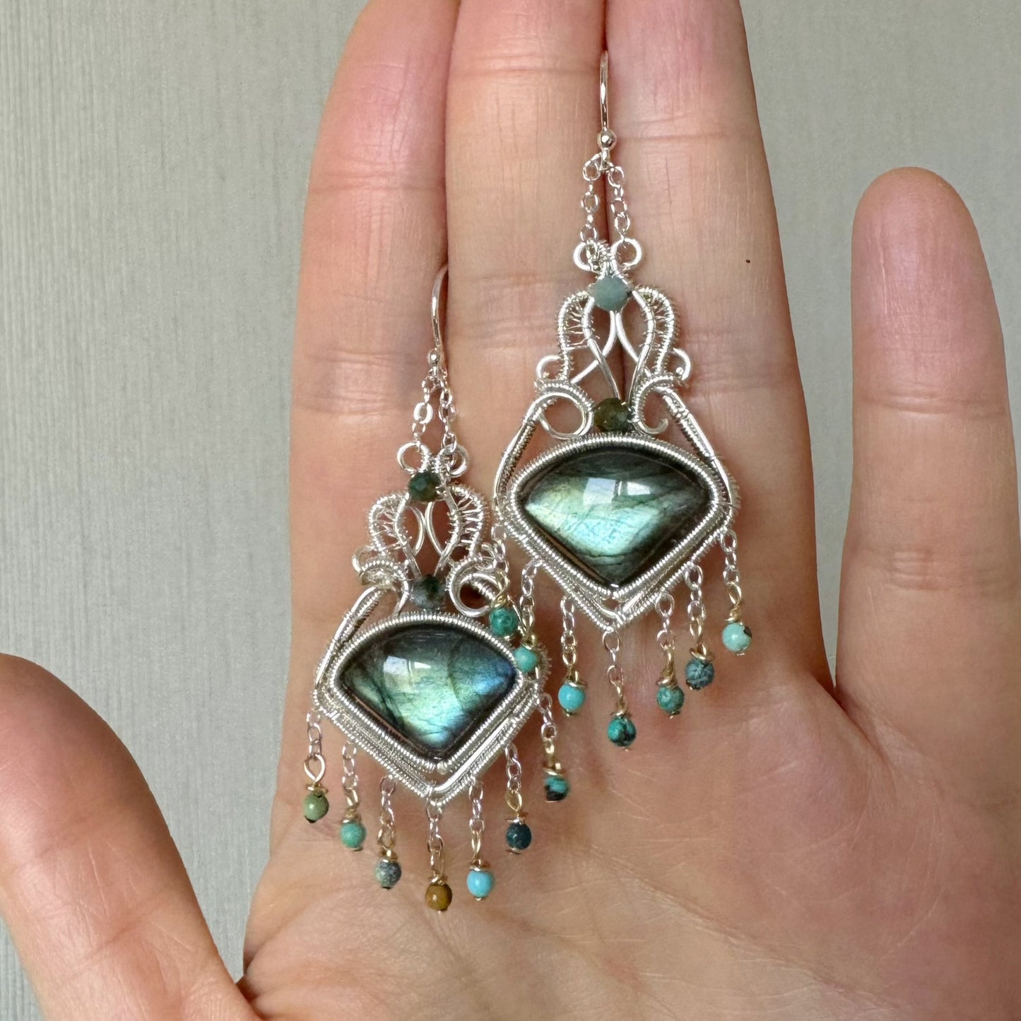 Handmade Green Labradorite Earrings - Wire Wrapped Jewelry