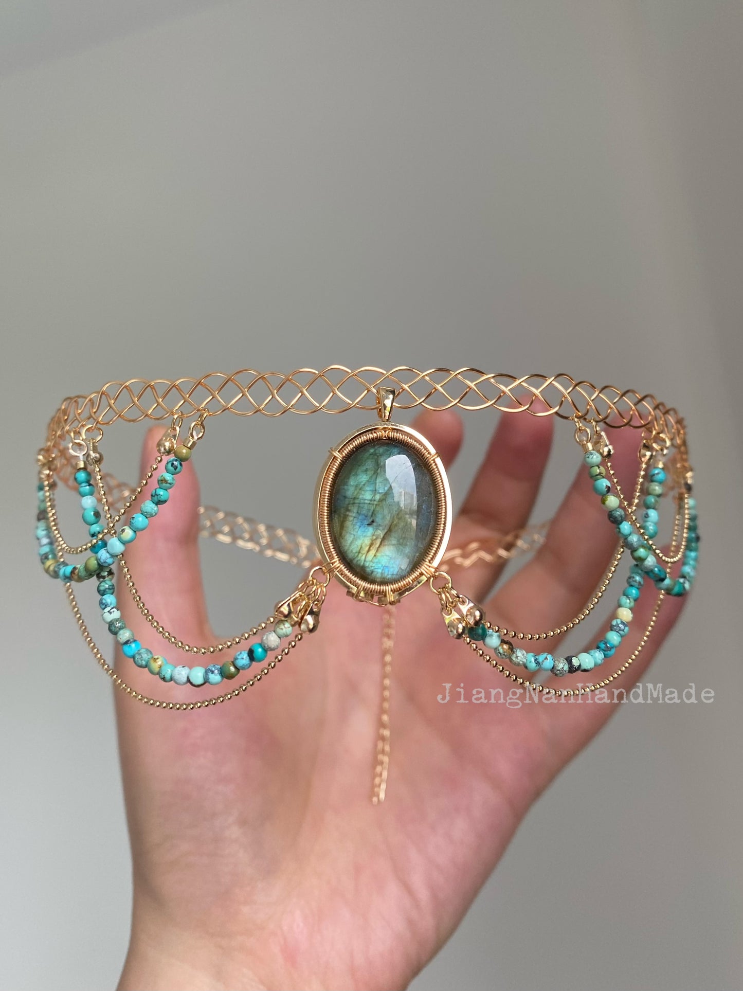 Handmade Blue Labradorite and Turquoise Choker - Wire Wrapped Jewelry