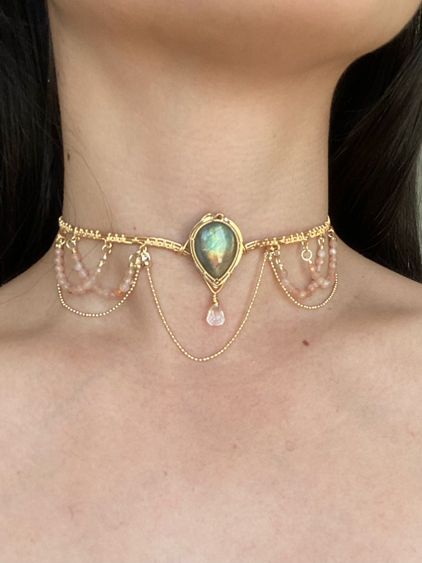 Handmade Labradorite and Peach Moonstone Choker - Wire Wrapped Jewelry