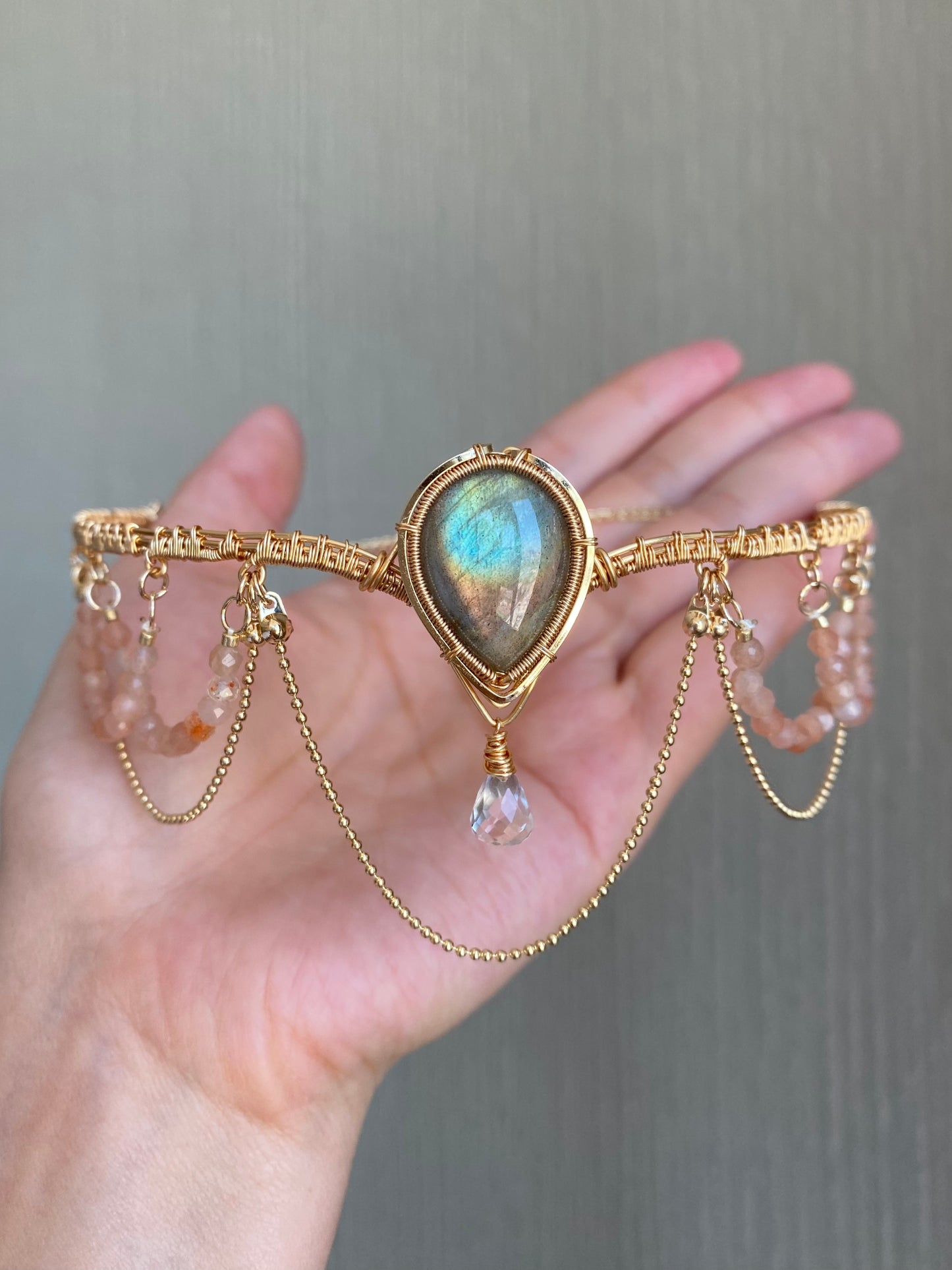 Handmade Labradorite and Peach Moonstone Choker - Wire Wrapped Jewelry