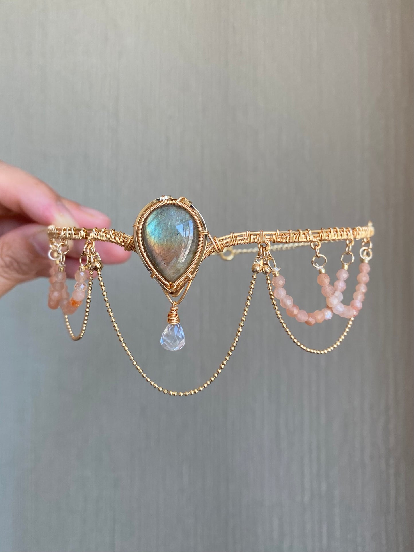 Handmade Labradorite and Peach Moonstone Choker - Wire Wrapped Jewelry
