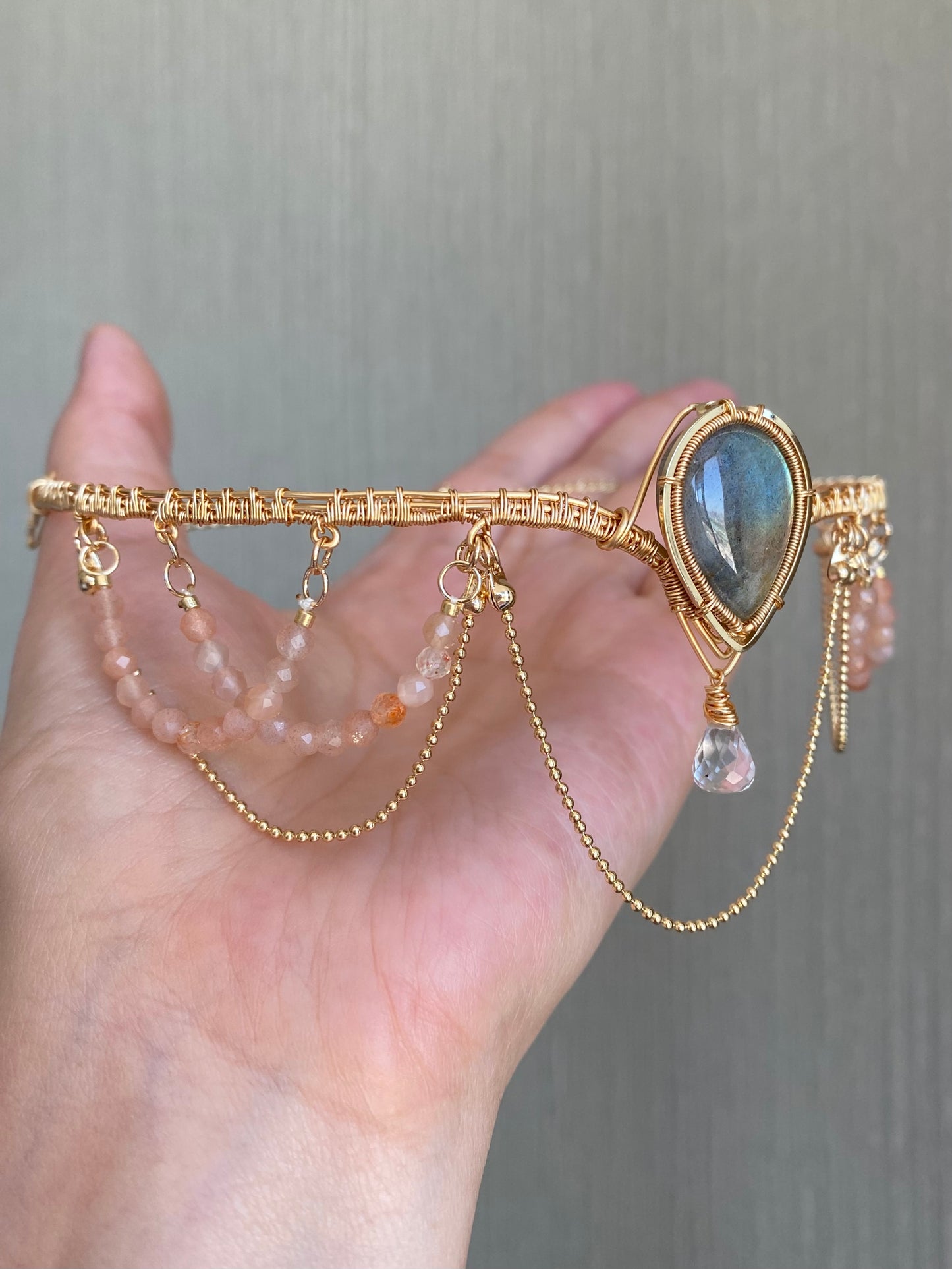 Handmade Labradorite and Peach Moonstone Choker - Wire Wrapped Jewelry