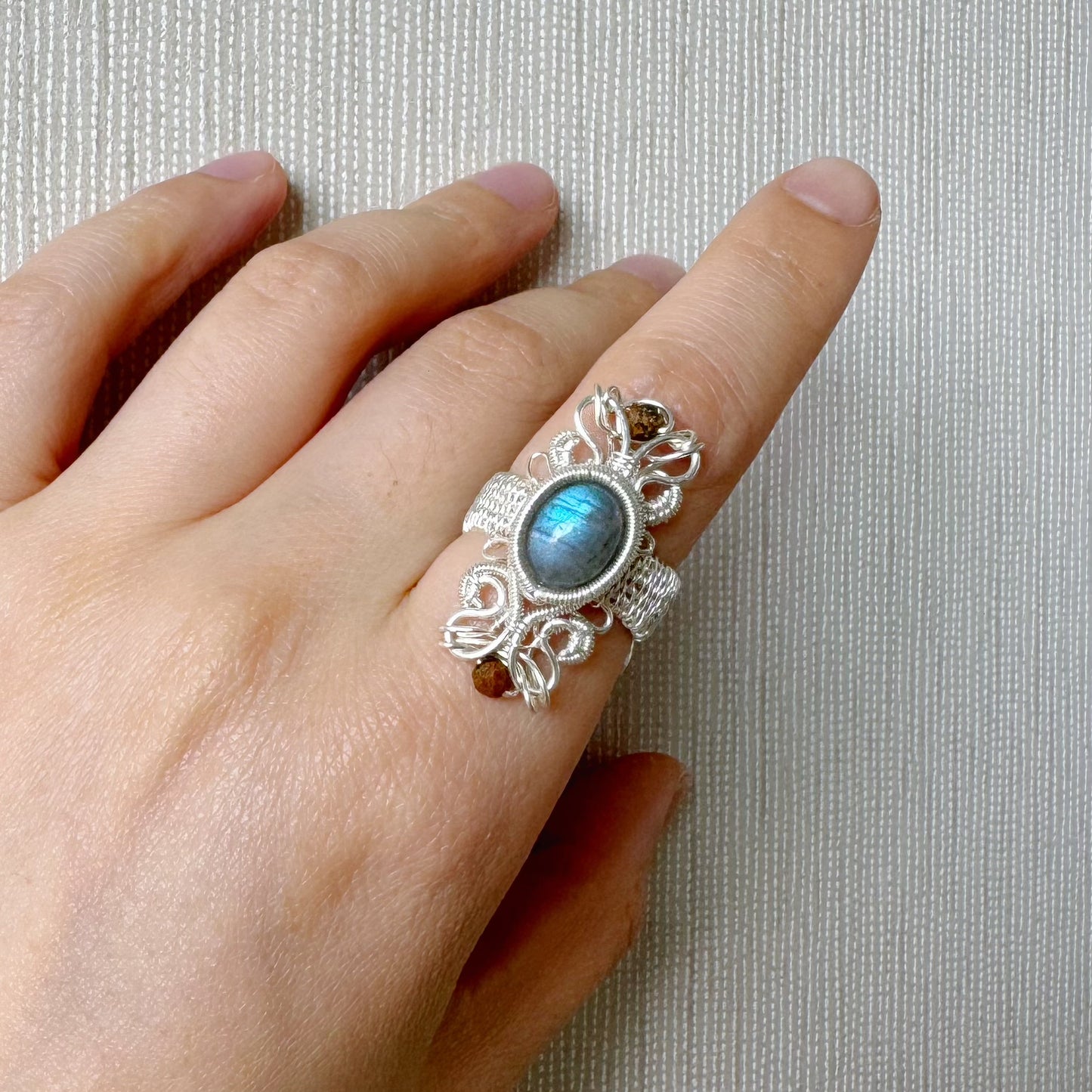 Handmade Blue Labradorite Ring (Open End Adjustment) - Wire Wrapped Jewelry