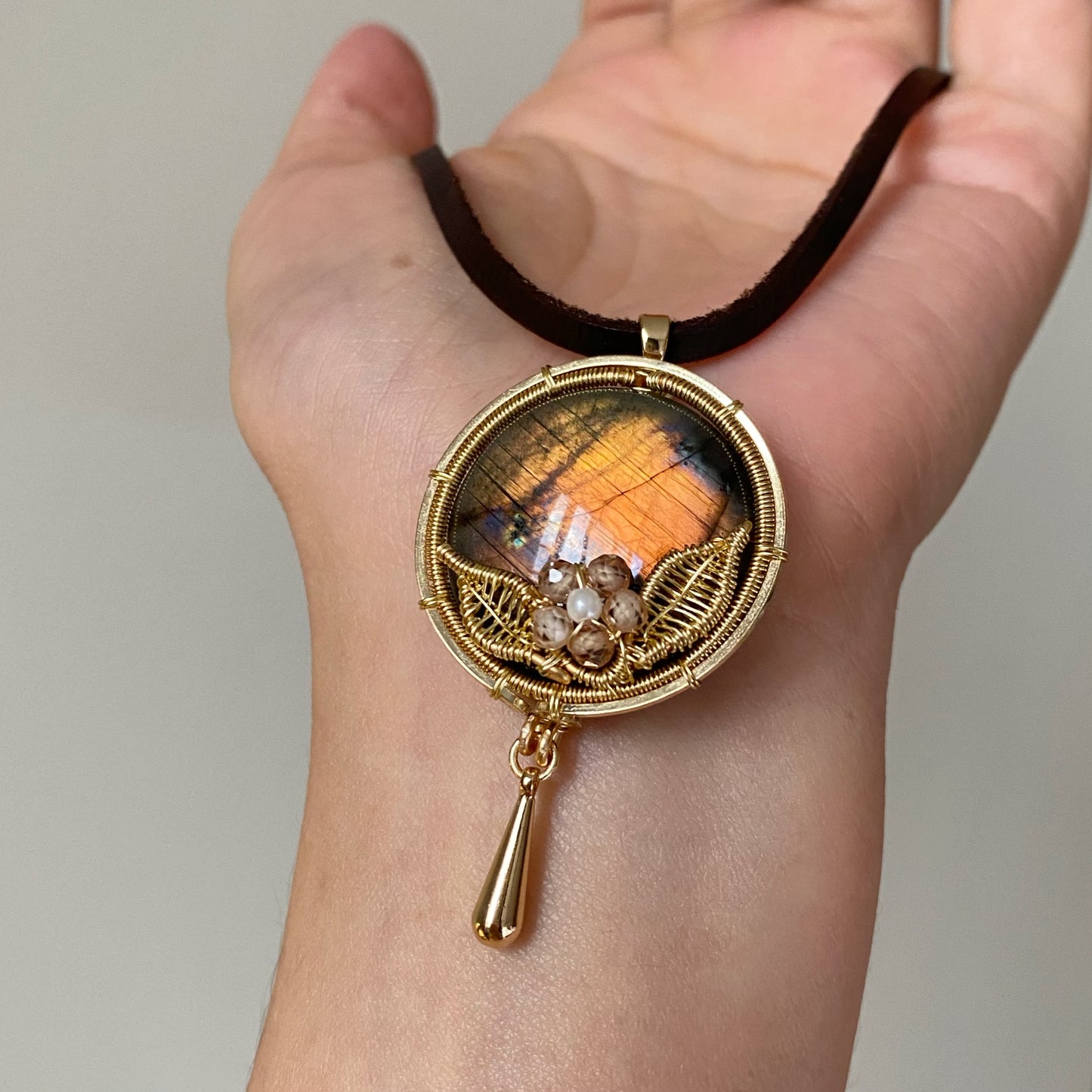 Handmade Orange Labradorite Necklace - Wire Wrapped Jewelry