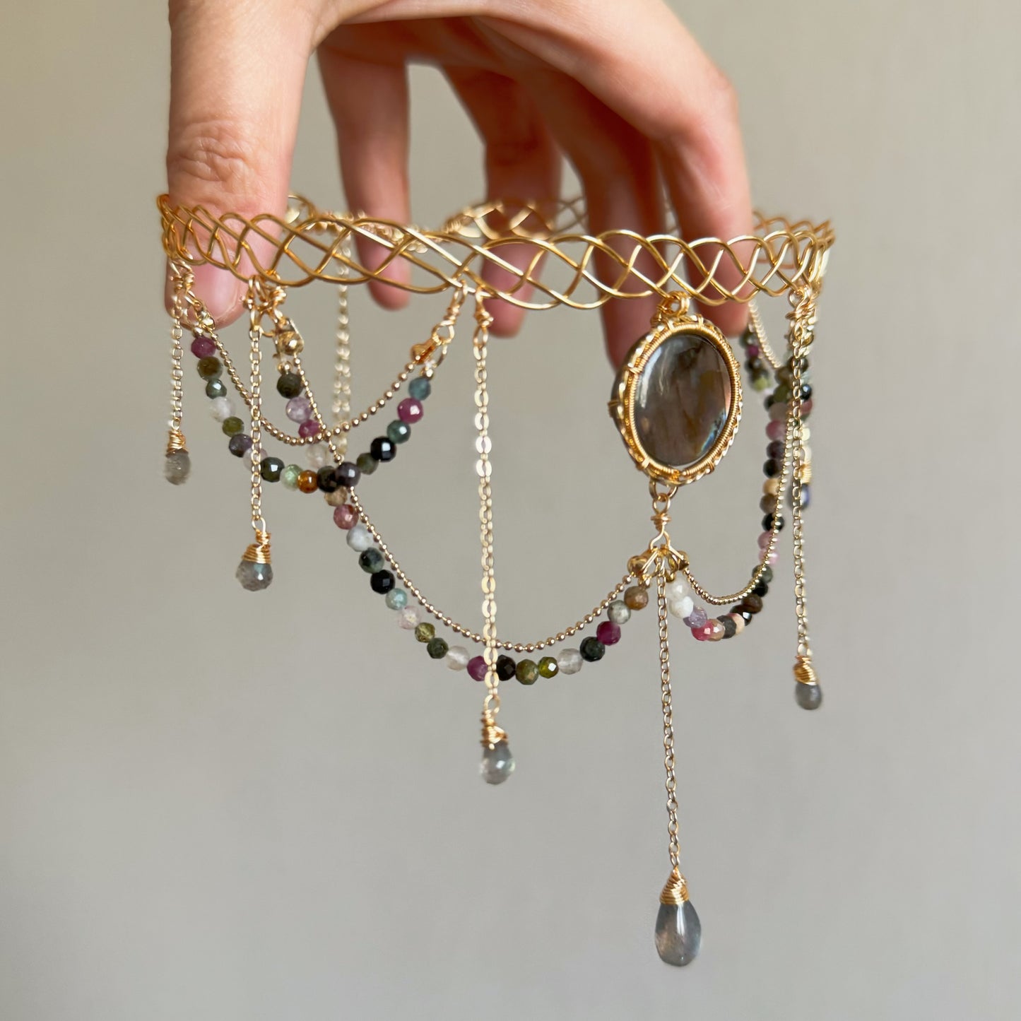 Handmade Red/Pink Labradorite Choker - Wire Wrapped Jewelry