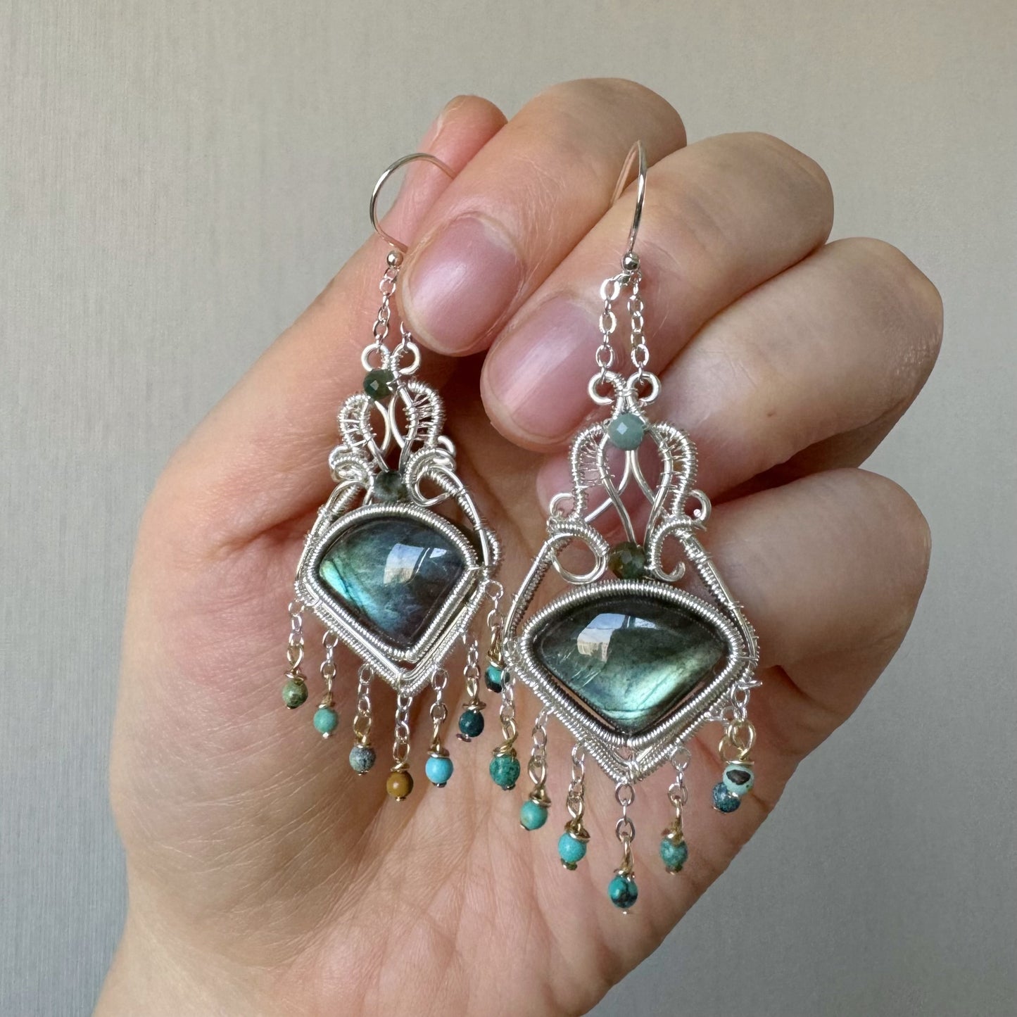 Handmade Green Labradorite Earrings - Wire Wrapped Jewelry