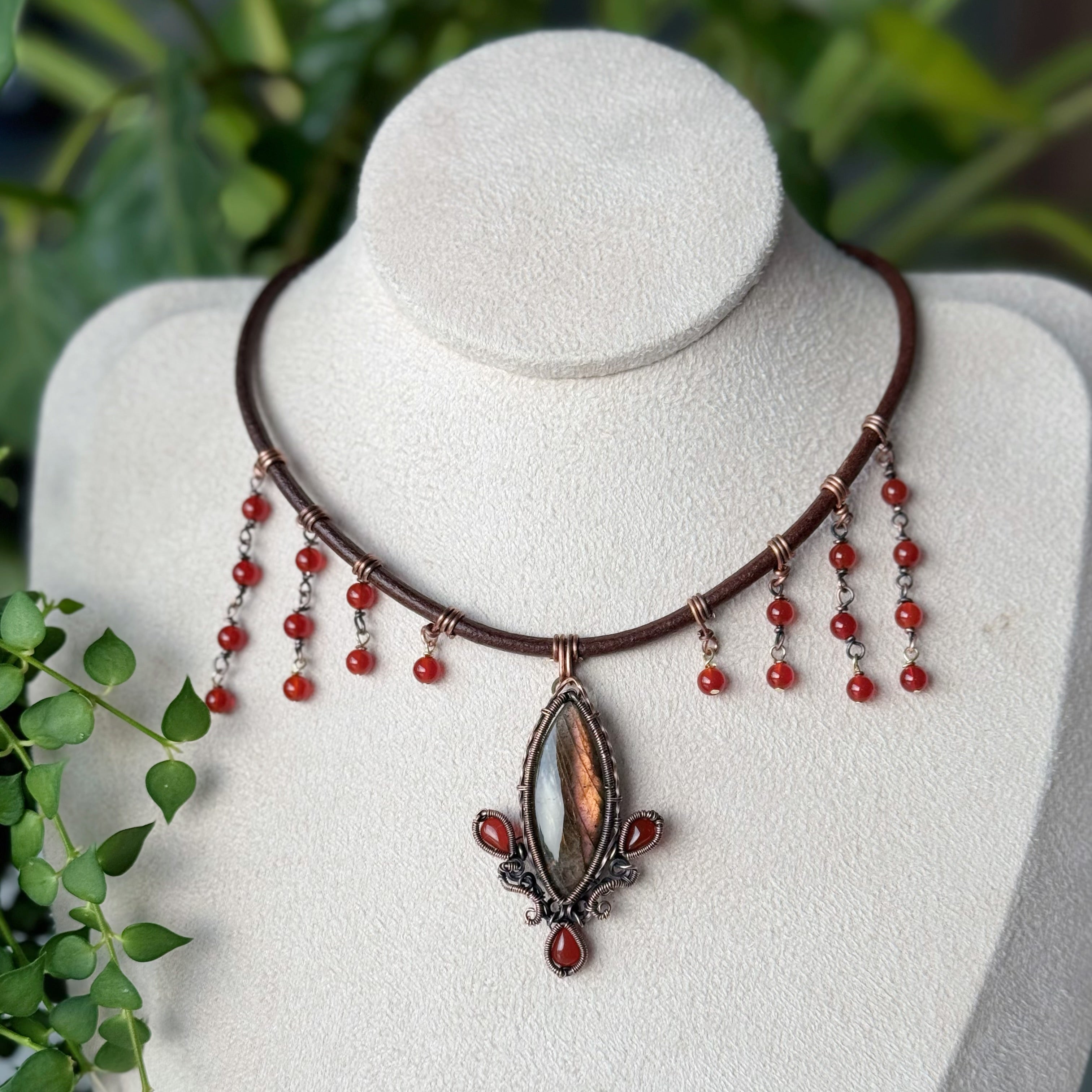 Flame] Handmade Orange/Red Labradorite Necklace - Wire Wrapped