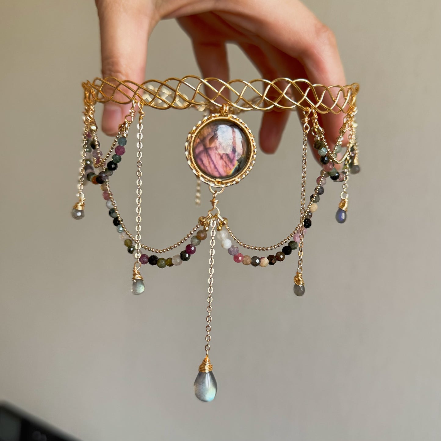 Handmade Red/Pink Labradorite Choker - Wire Wrapped Jewelry