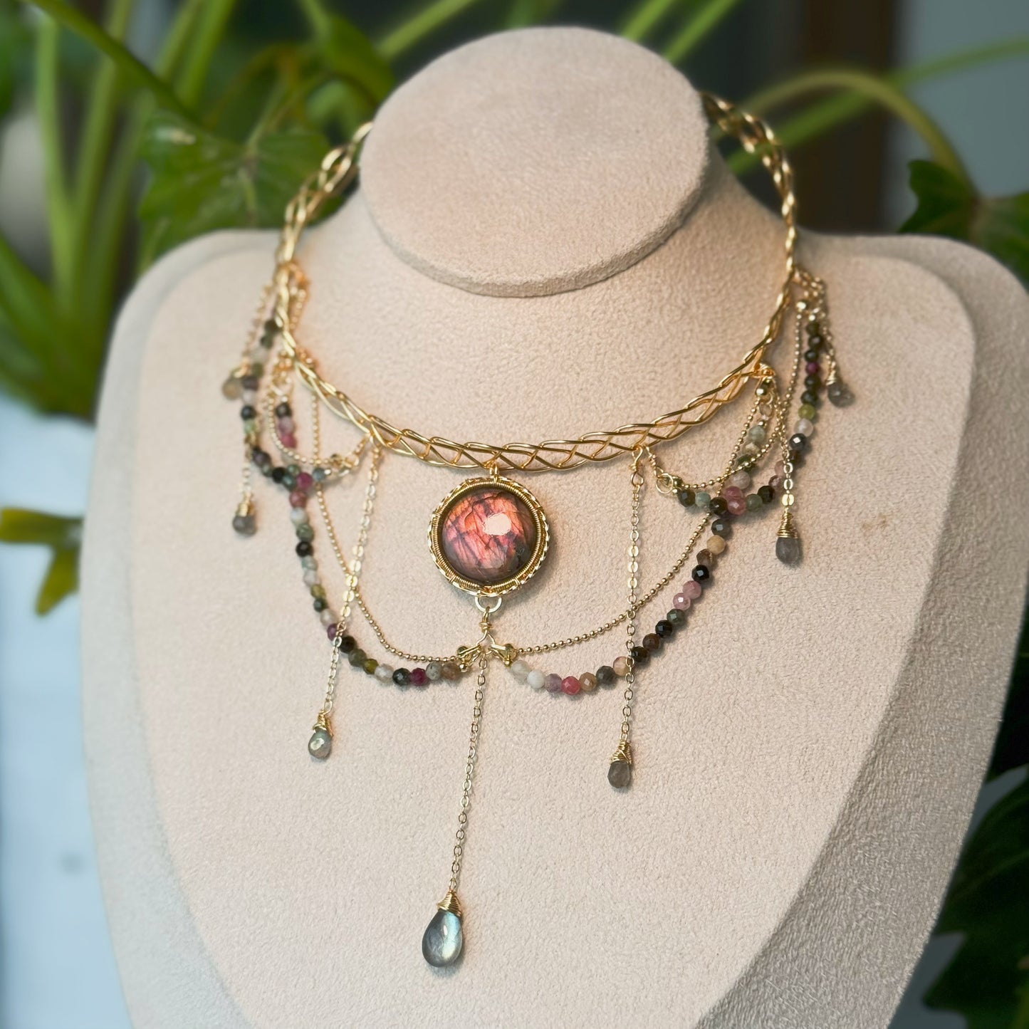 Handmade Red/Pink Labradorite Choker - Wire Wrapped Jewelry