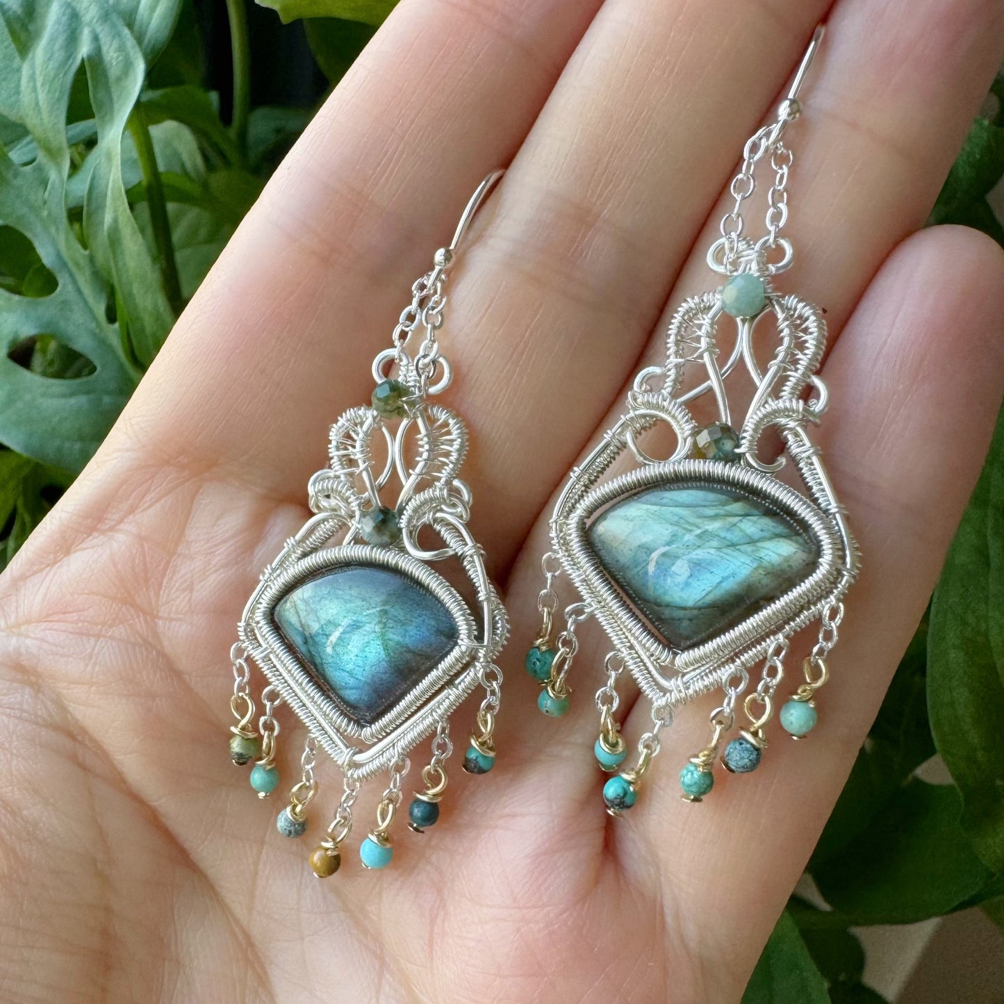 Handmade Green Labradorite Earrings - Wire Wrapped Jewelry