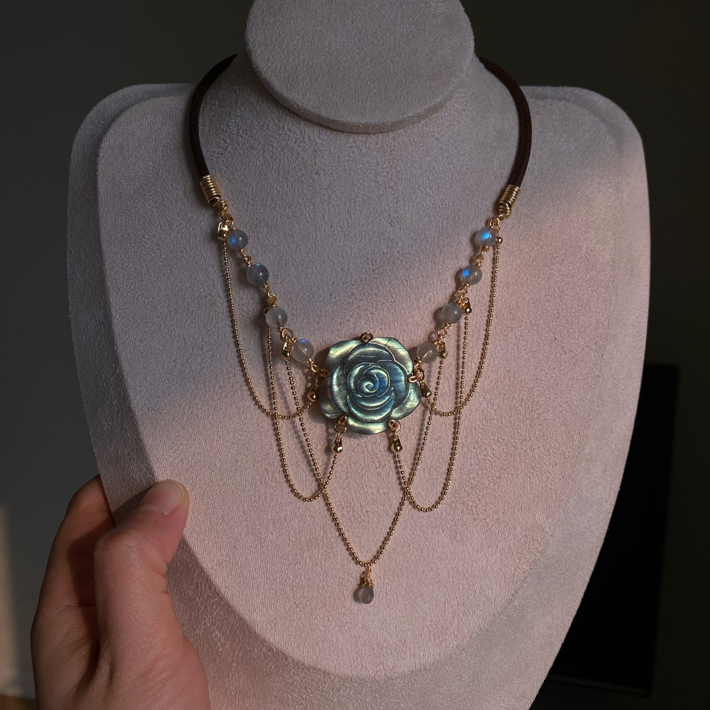 Handmade Rose Labradorite Necklace - Wire Wrapped Jewelry