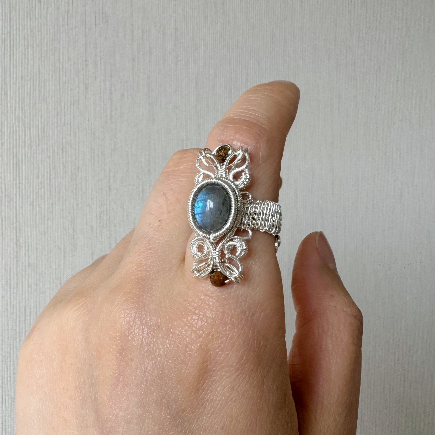 Handmade Blue Labradorite Ring (Open End Adjustment) - Wire Wrapped Jewelry