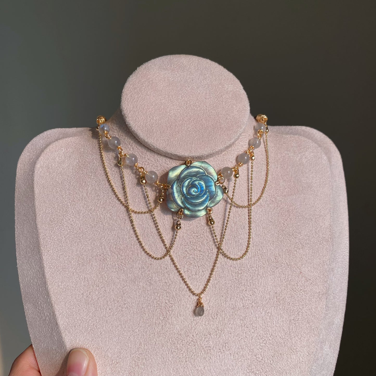 Handmade Rose Labradorite Necklace - Wire Wrapped Jewelry