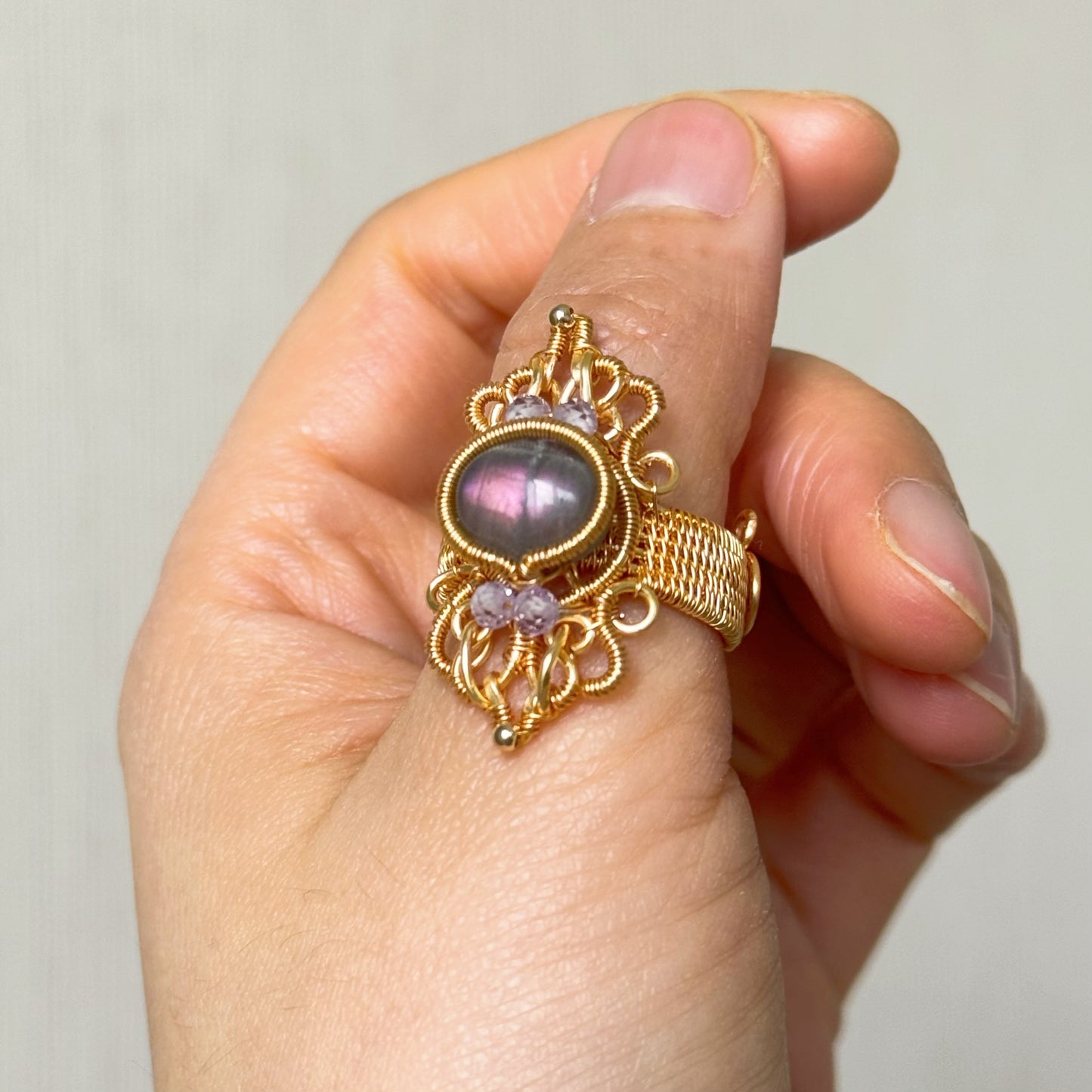 Handmade Purple Labradorite Ring (Open End Adjustment) - Wire Wrapped Jewelry
