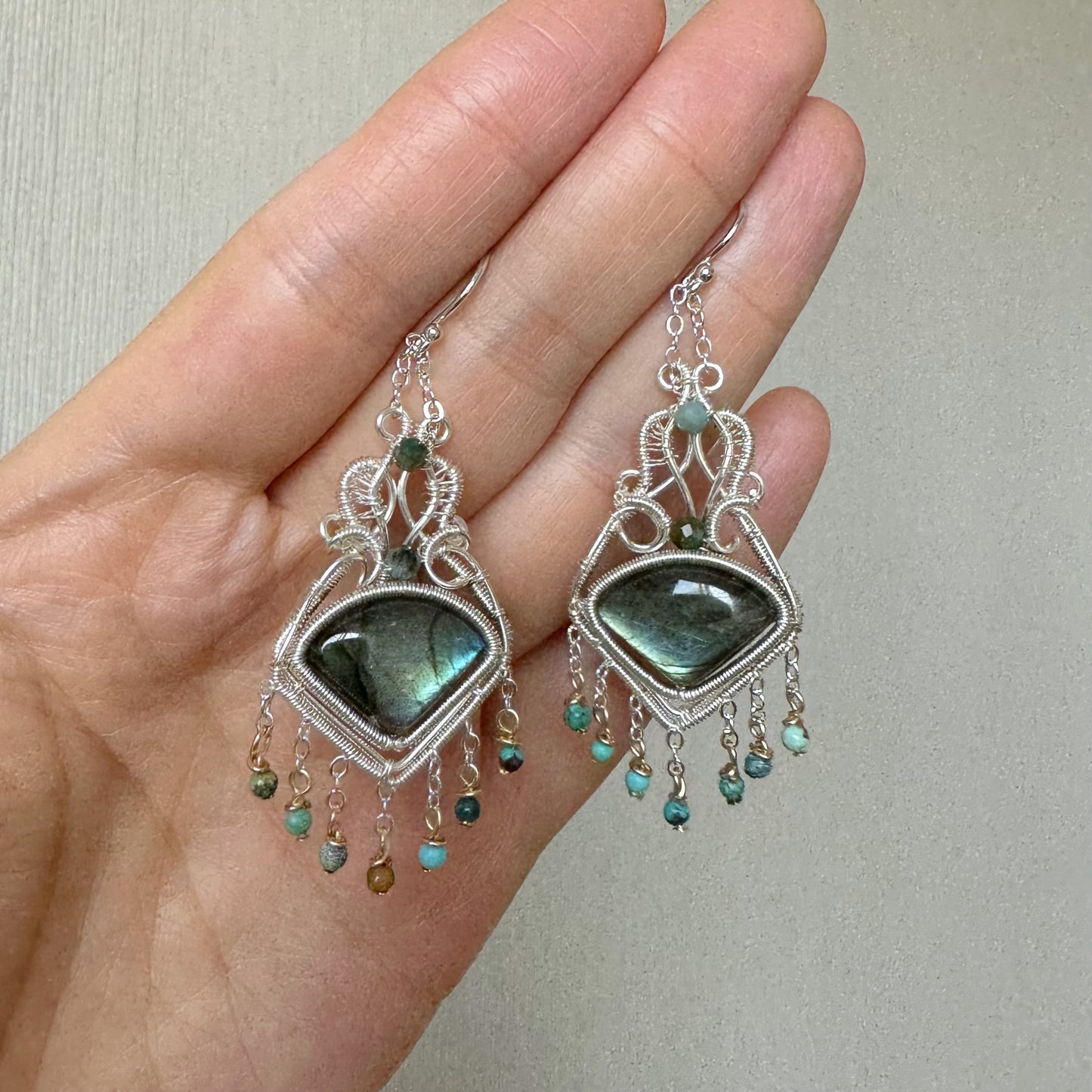 Handmade Green Labradorite Earrings - Wire Wrapped Jewelry