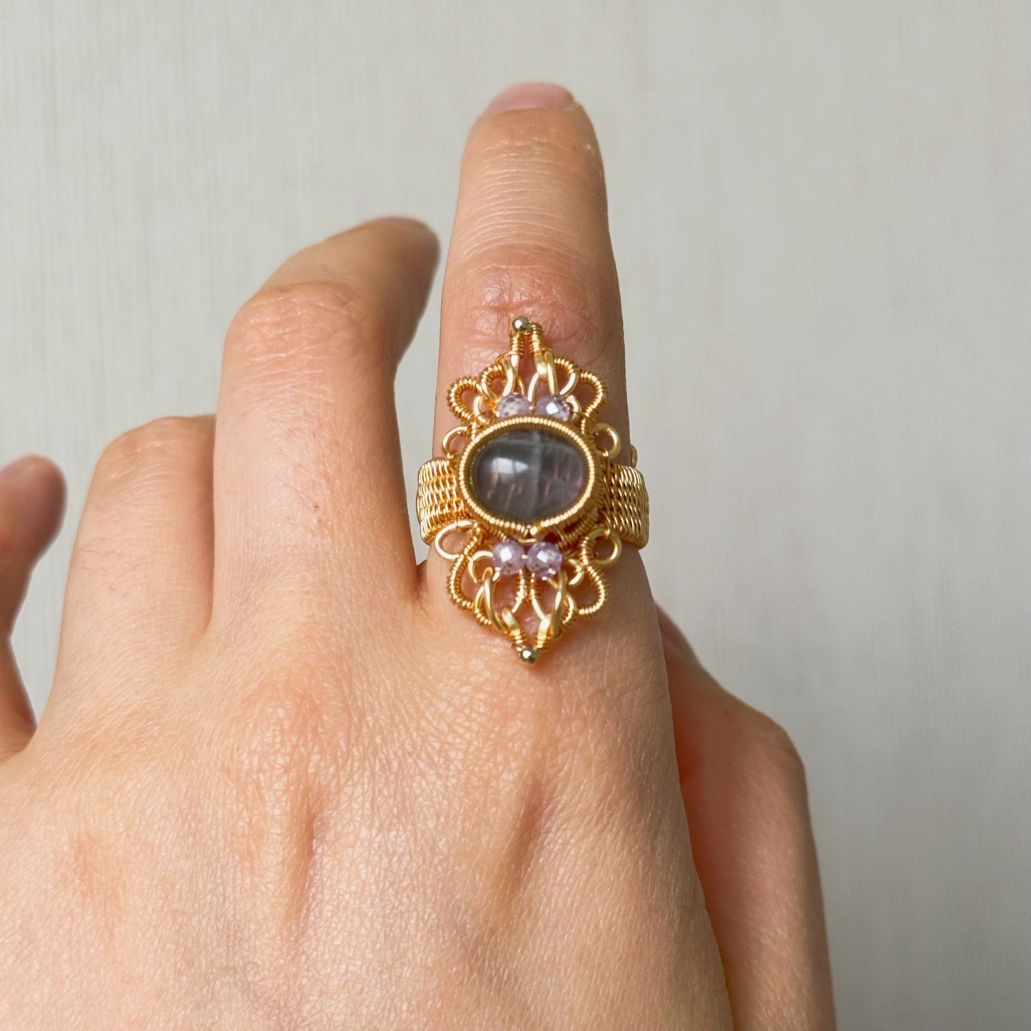 Handmade Purple Labradorite Ring (Open End Adjustment) - Wire Wrapped Jewelry