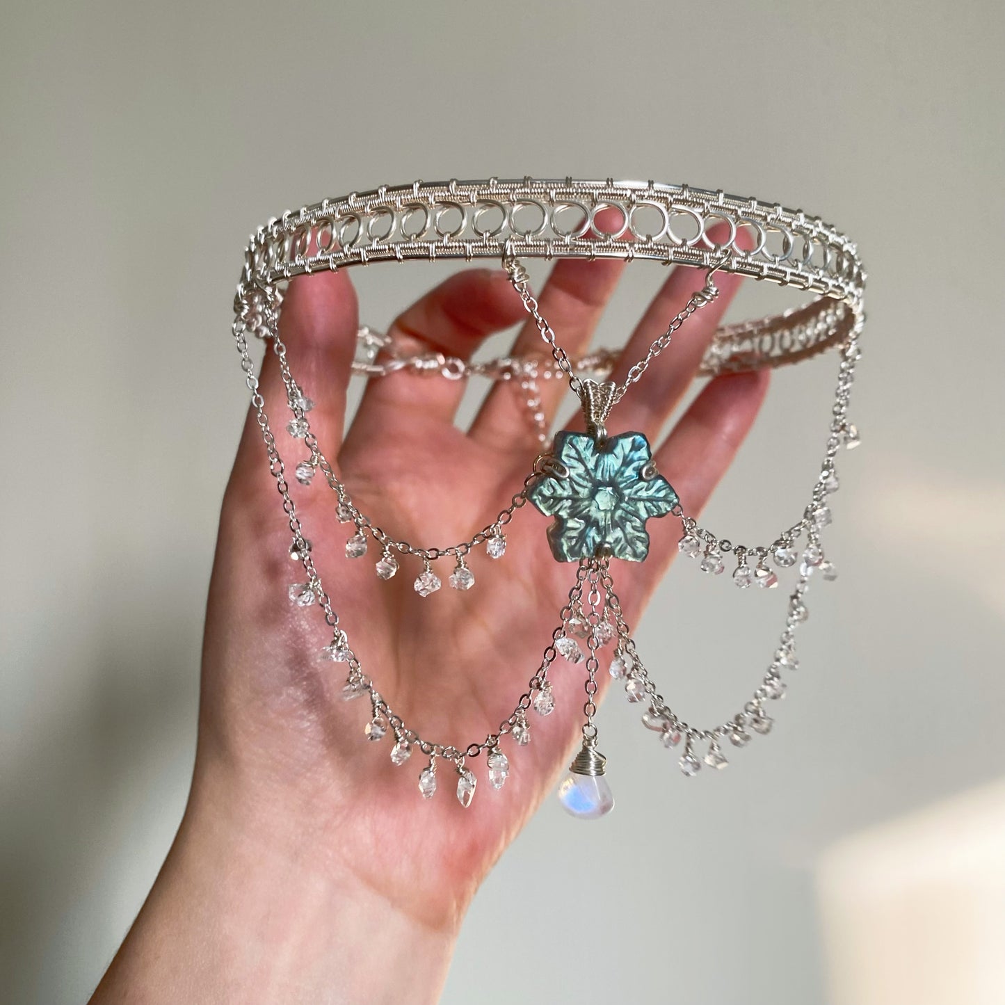Handmade Snowflake Labradorite and Herkimer Diamond Choker - Wire Wrapped Jewelry