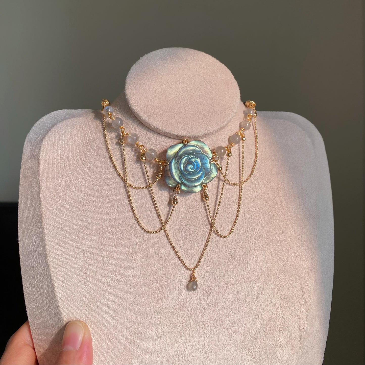Handmade Rose Labradorite Necklace - Wire Wrapped Jewelry