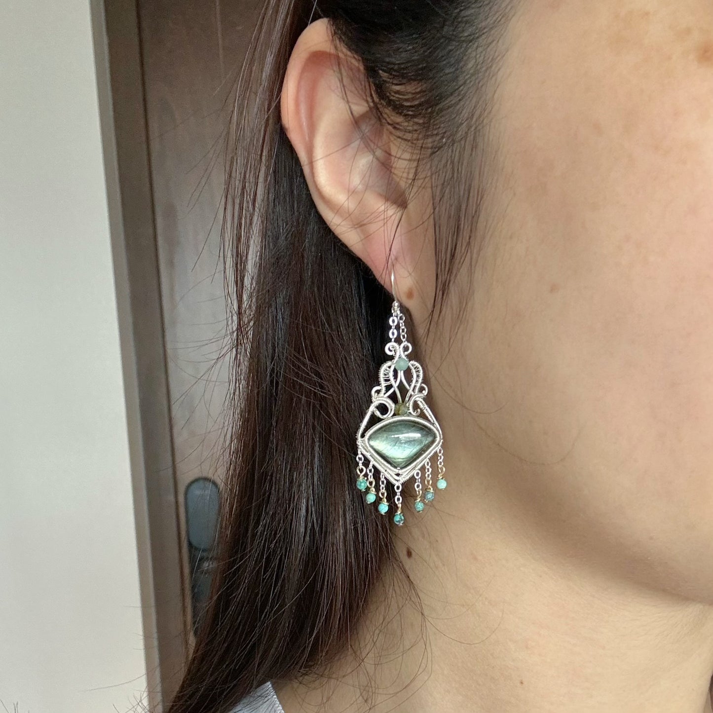 Handmade Green Labradorite Earrings - Wire Wrapped Jewelry