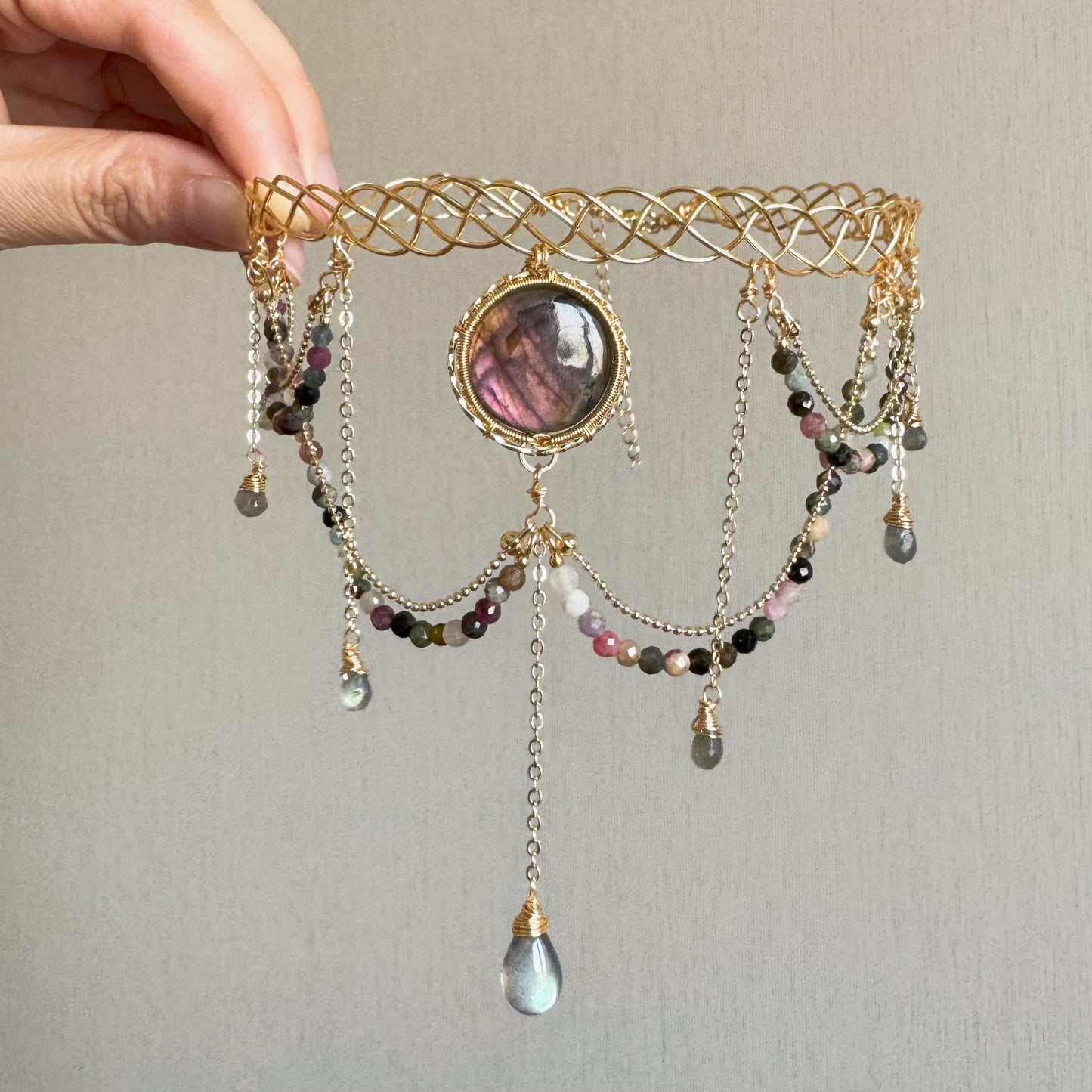 Handmade Red/Pink Labradorite Choker - Wire Wrapped Jewelry