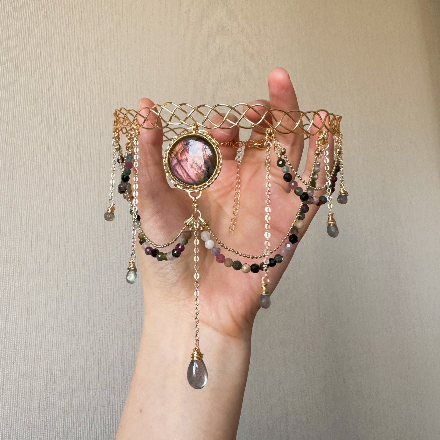 Handmade Red/Pink Labradorite Choker - Wire Wrapped Jewelry