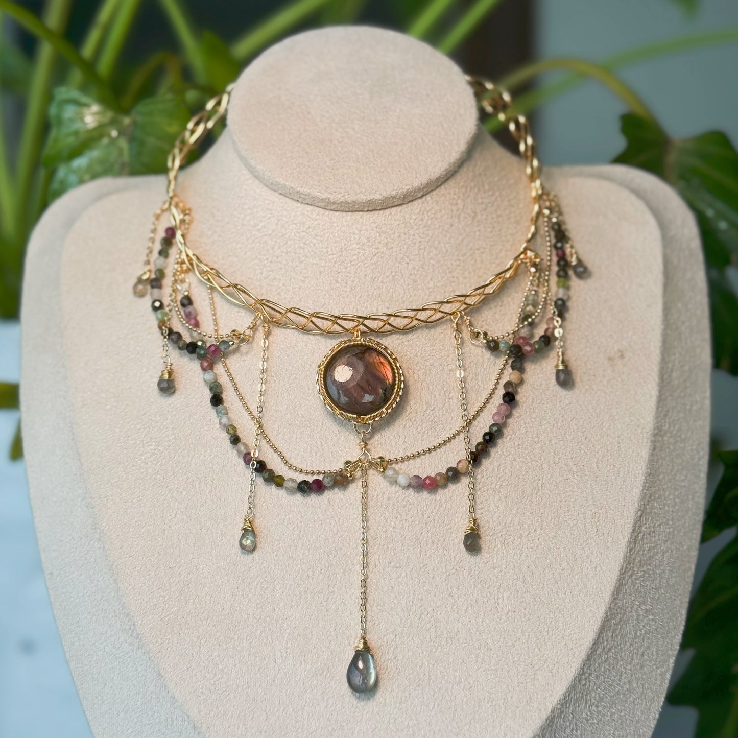 Handmade Red/Pink Labradorite Choker - Wire Wrapped Jewelry