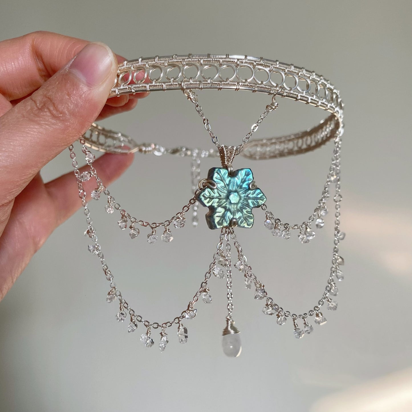 Handmade Snowflake Labradorite and Herkimer Diamond Choker - Wire Wrapped Jewelry