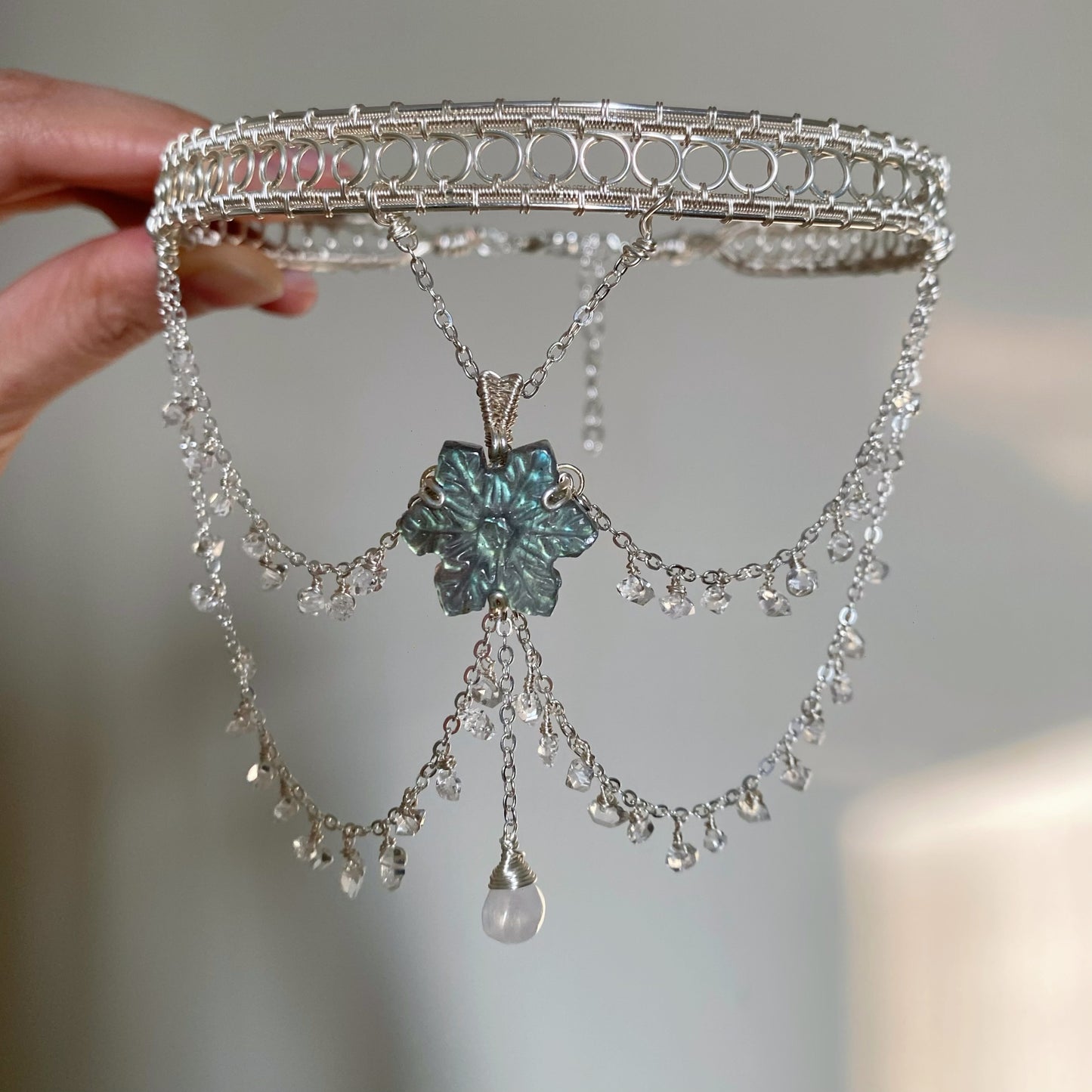 Handmade Snowflake Labradorite and Herkimer Diamond Choker - Wire Wrapped Jewelry