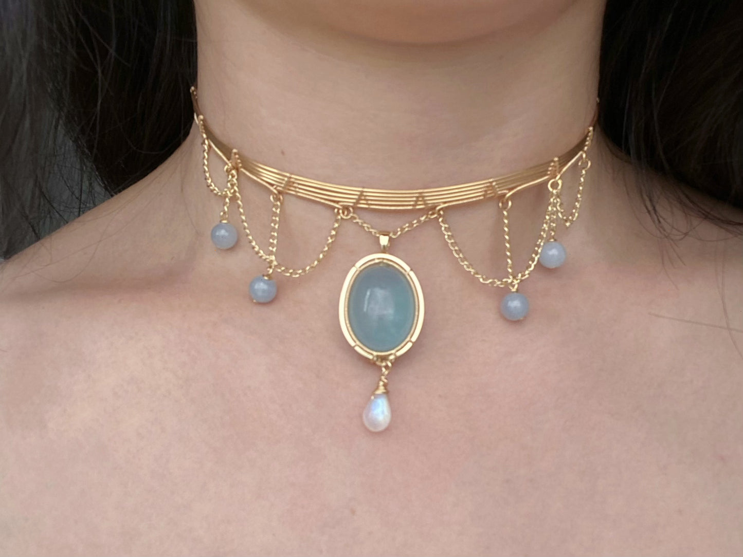 Handmade Aquamarine Choker - Wire Wrapped Jewelry