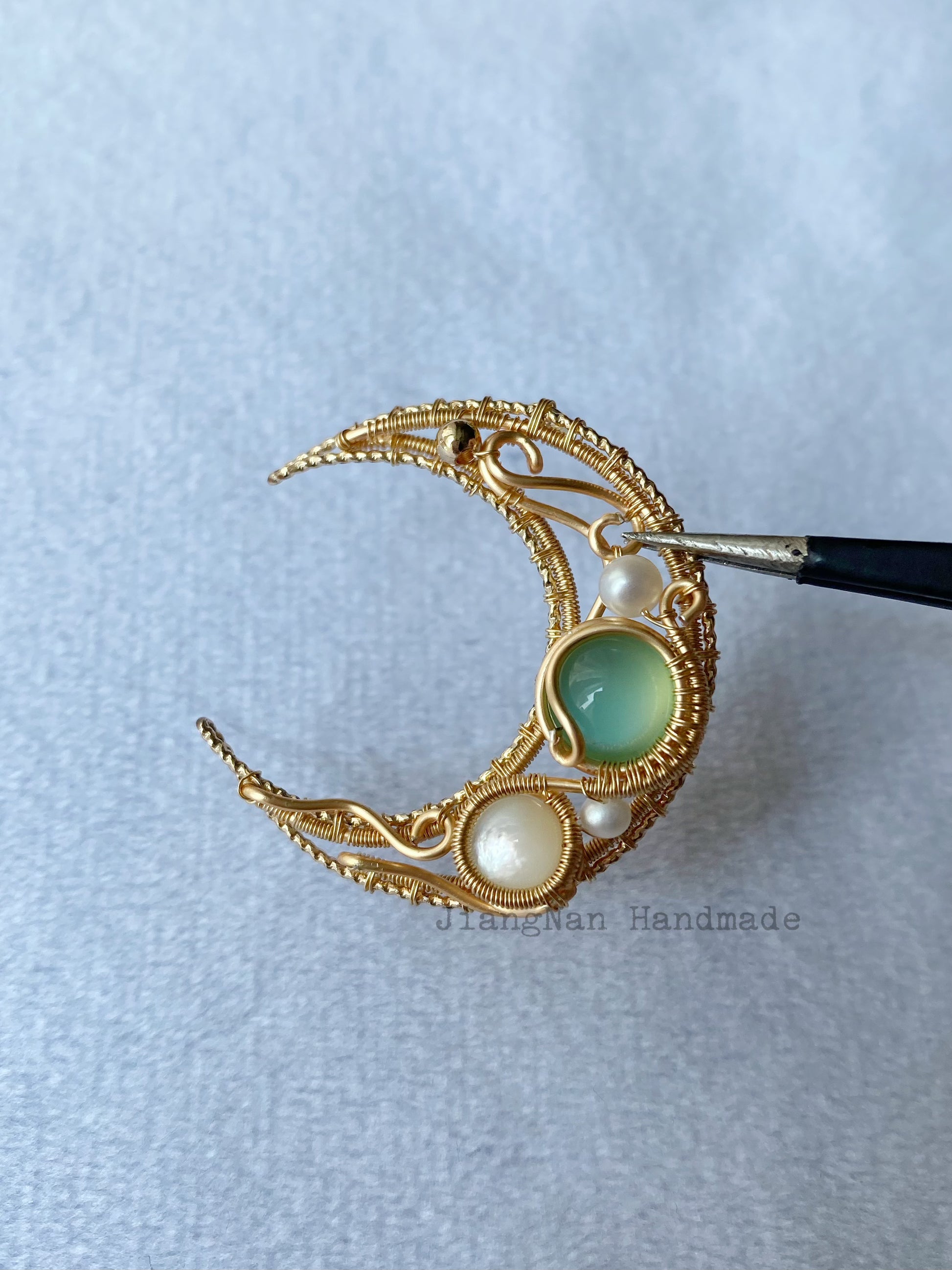 Moon wire wrapped necklace made by hand, 14k gold filled