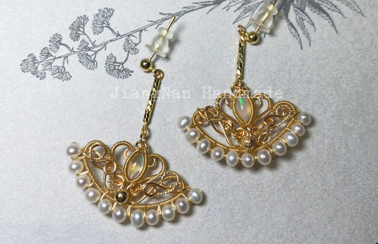Swan Lake Opal Earrings - Wire Wrapped Handmade Jewelry with 14K Gold Filled