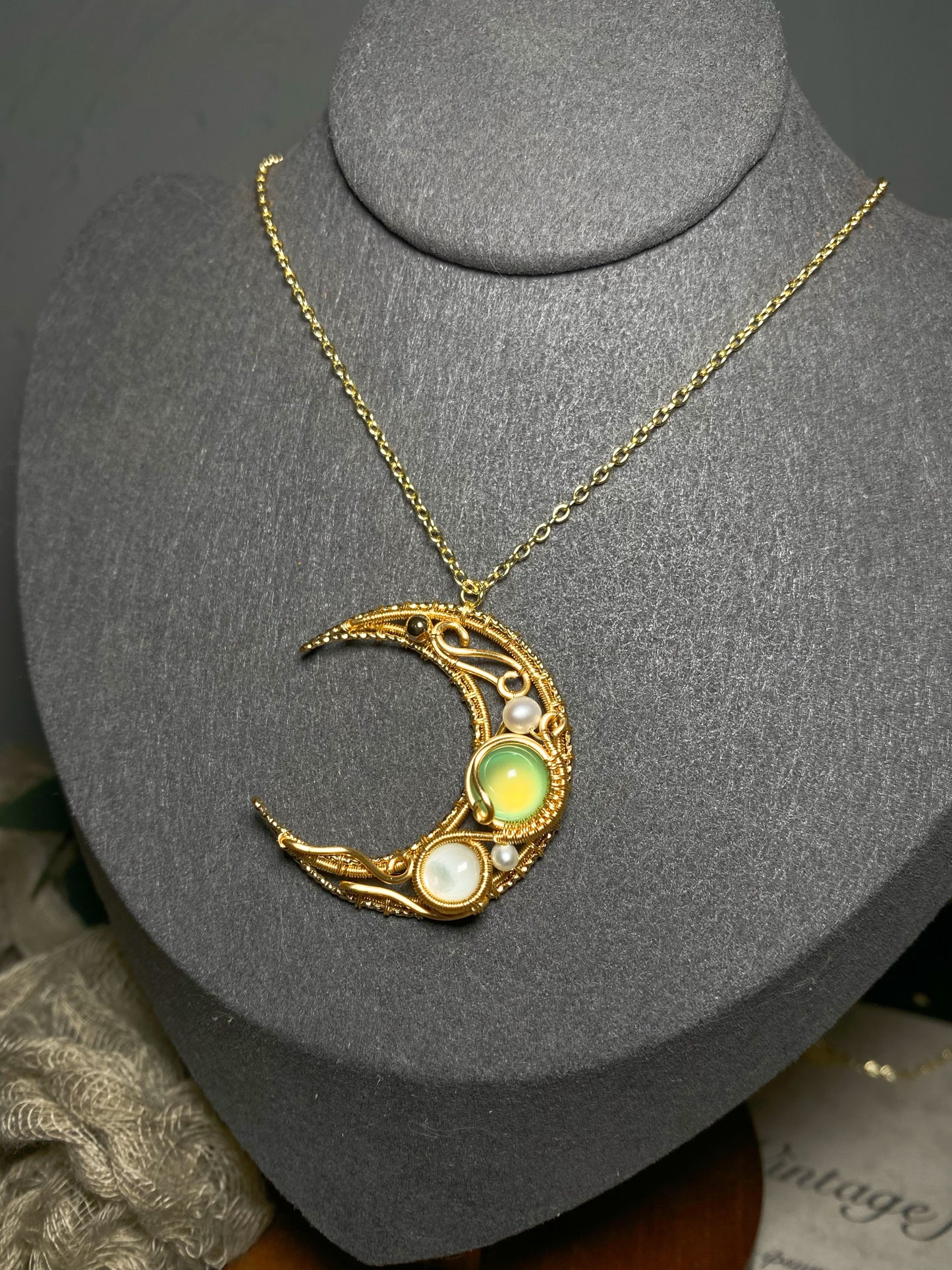 Moon wire wrapped necklace made by hand, 14k gold filled
