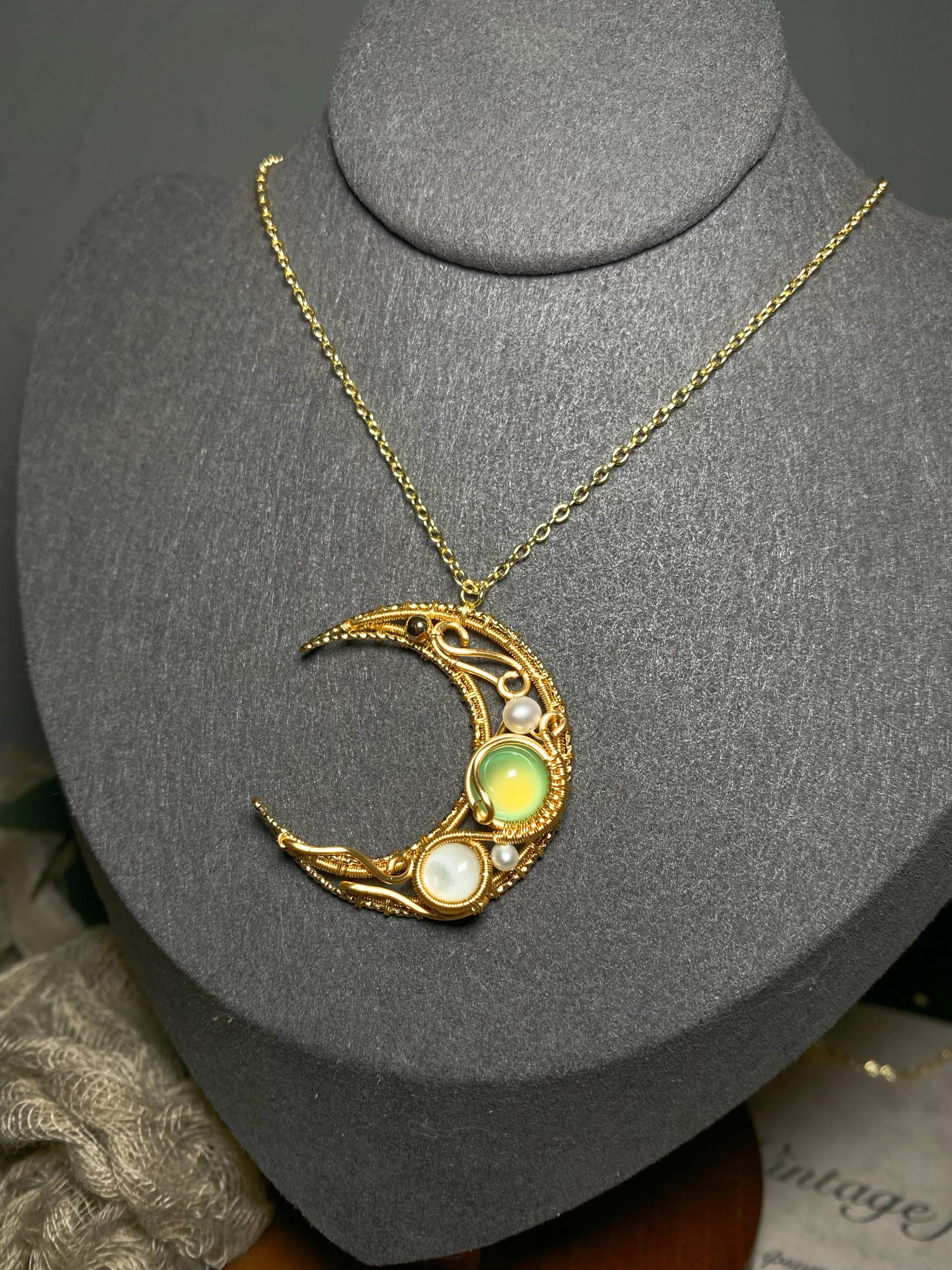 Moon wire wrapped necklace made by hand, 14k gold filled