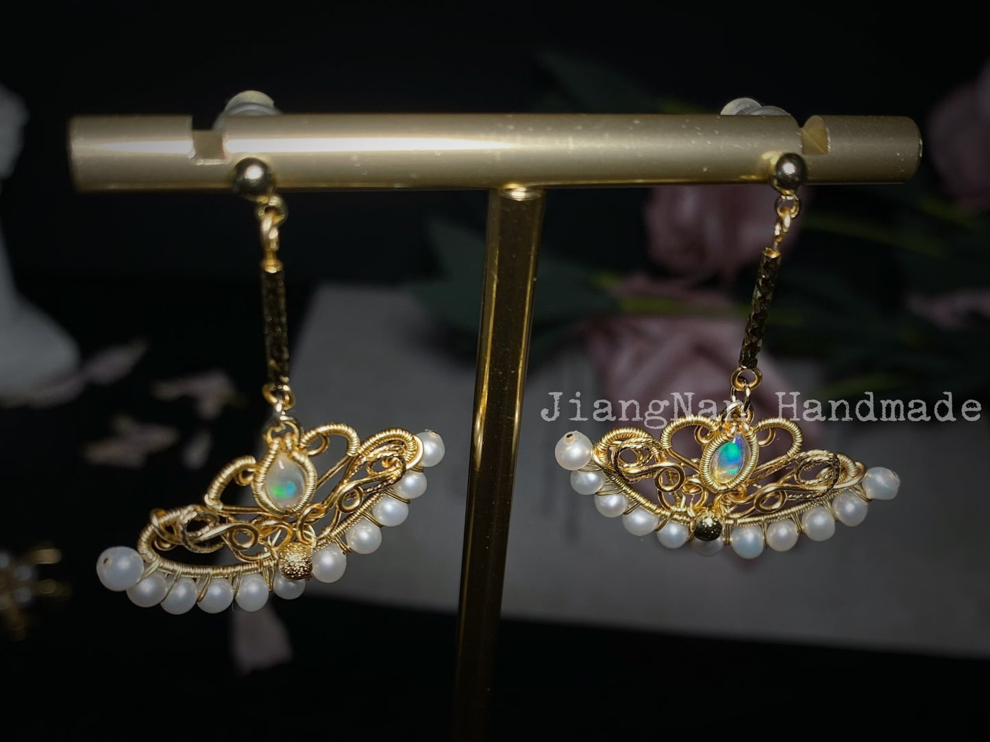 Swan Lake Opal Earrings - Wire Wrapped Handmade Jewelry with 14K Gold Filled
