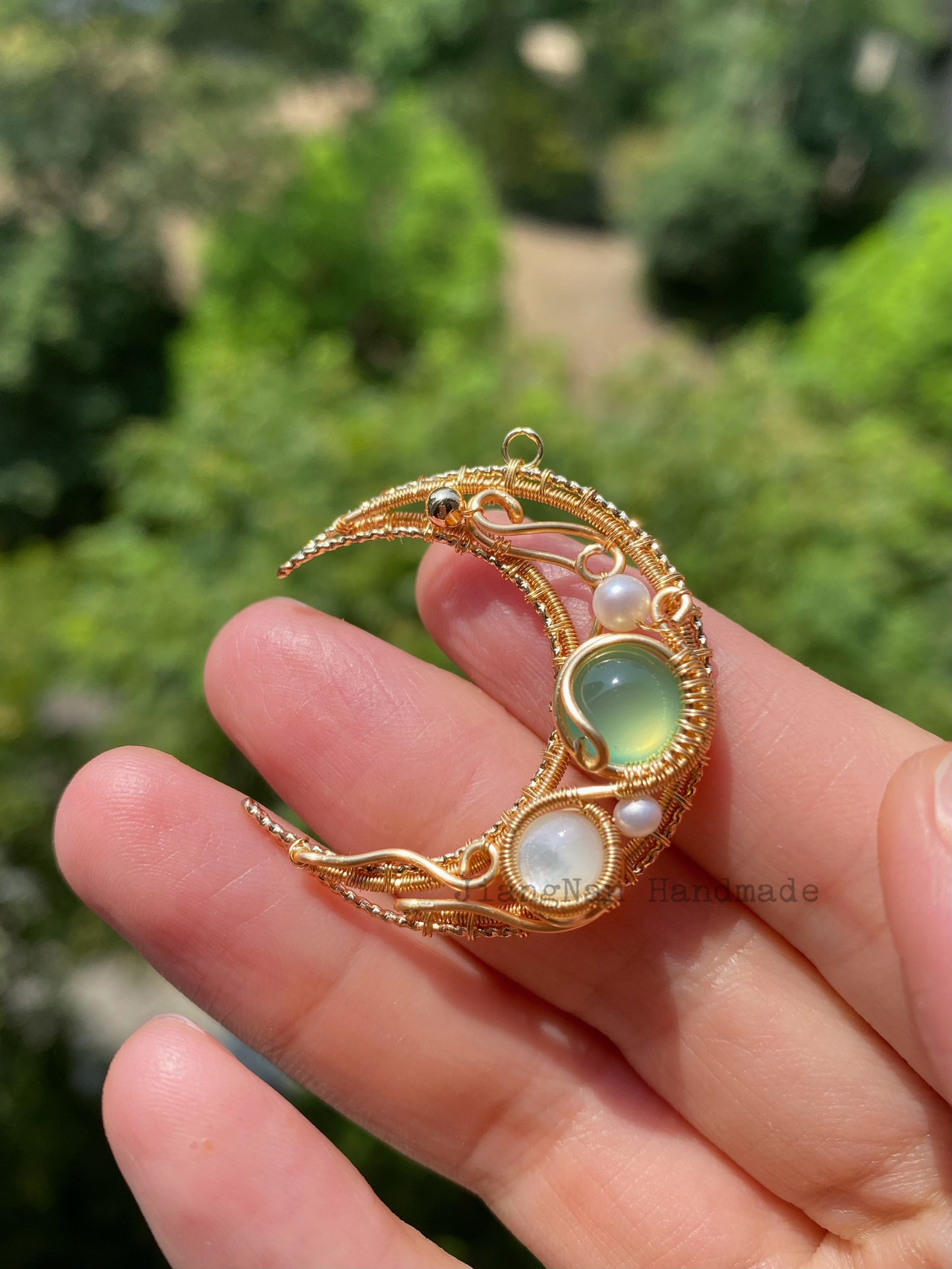 Moon wire wrapped necklace made by hand, 14k gold filled