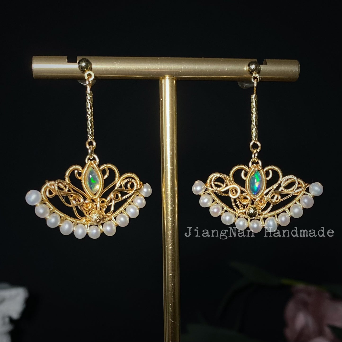 Swan Lake Opal Earrings - Wire Wrapped Handmade Jewelry with 14K Gold Filled