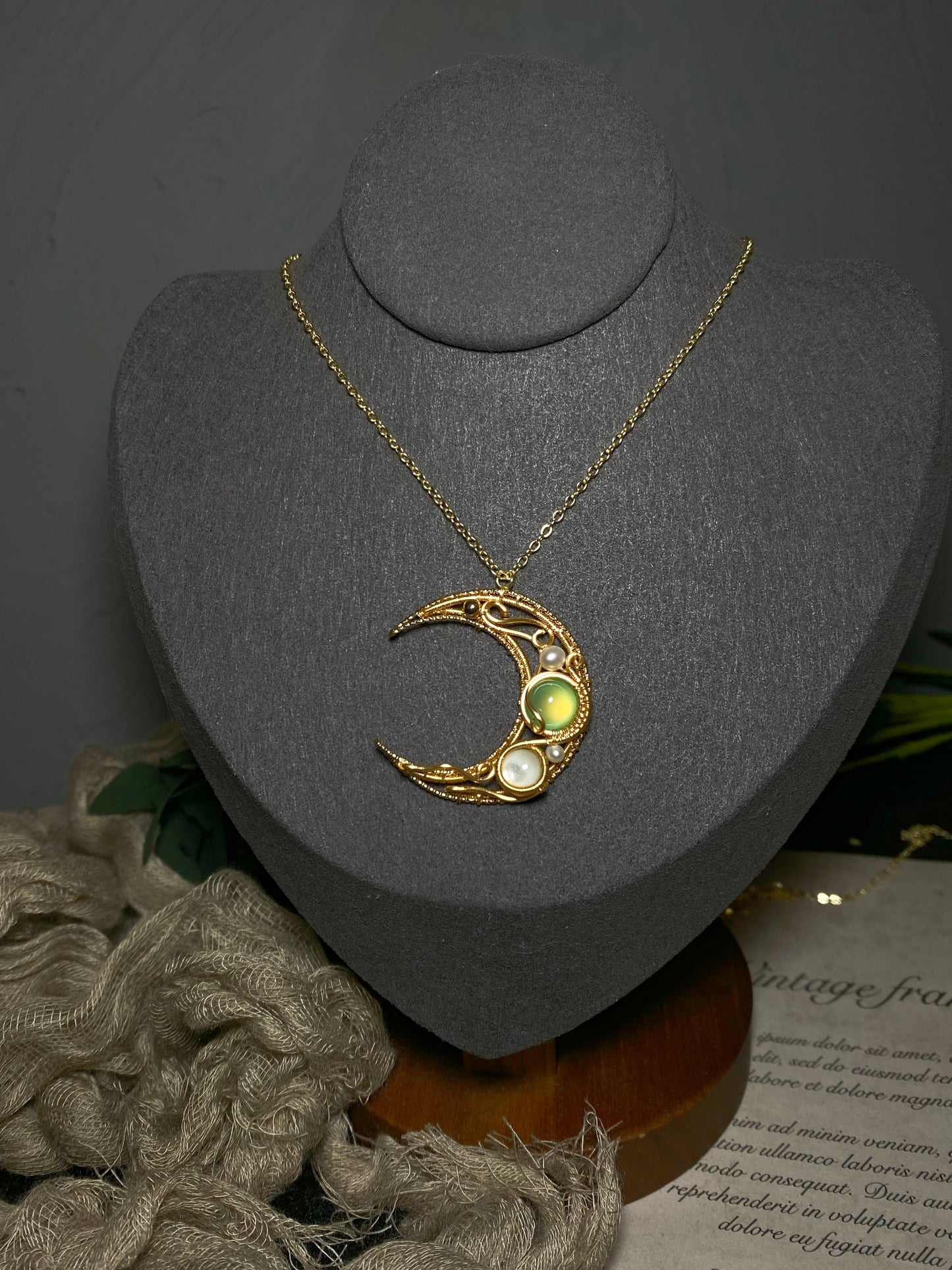Moon wire wrapped necklace made by hand, 14k gold filled