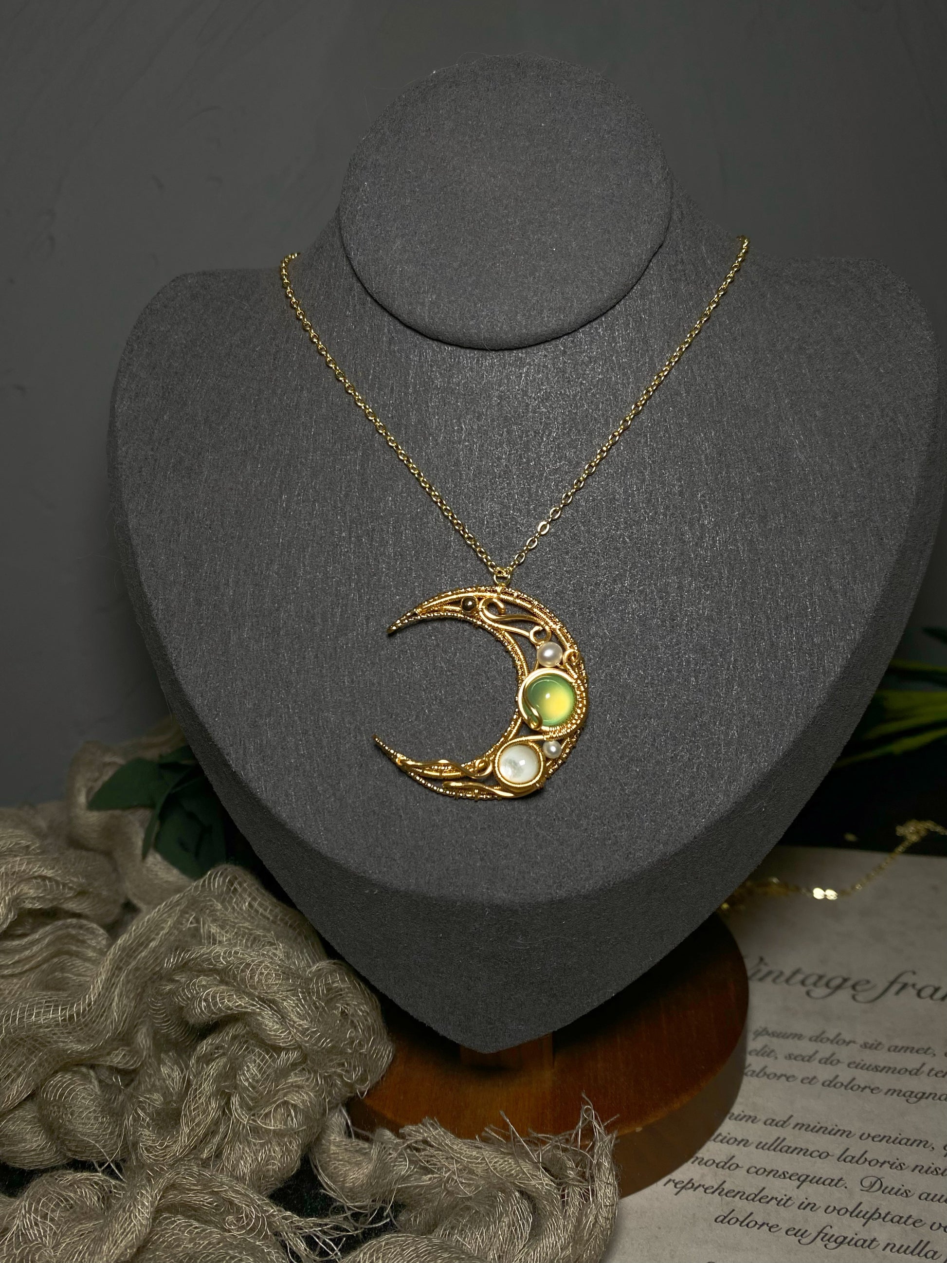 Moon wire wrapped necklace made by hand, 14k gold filled