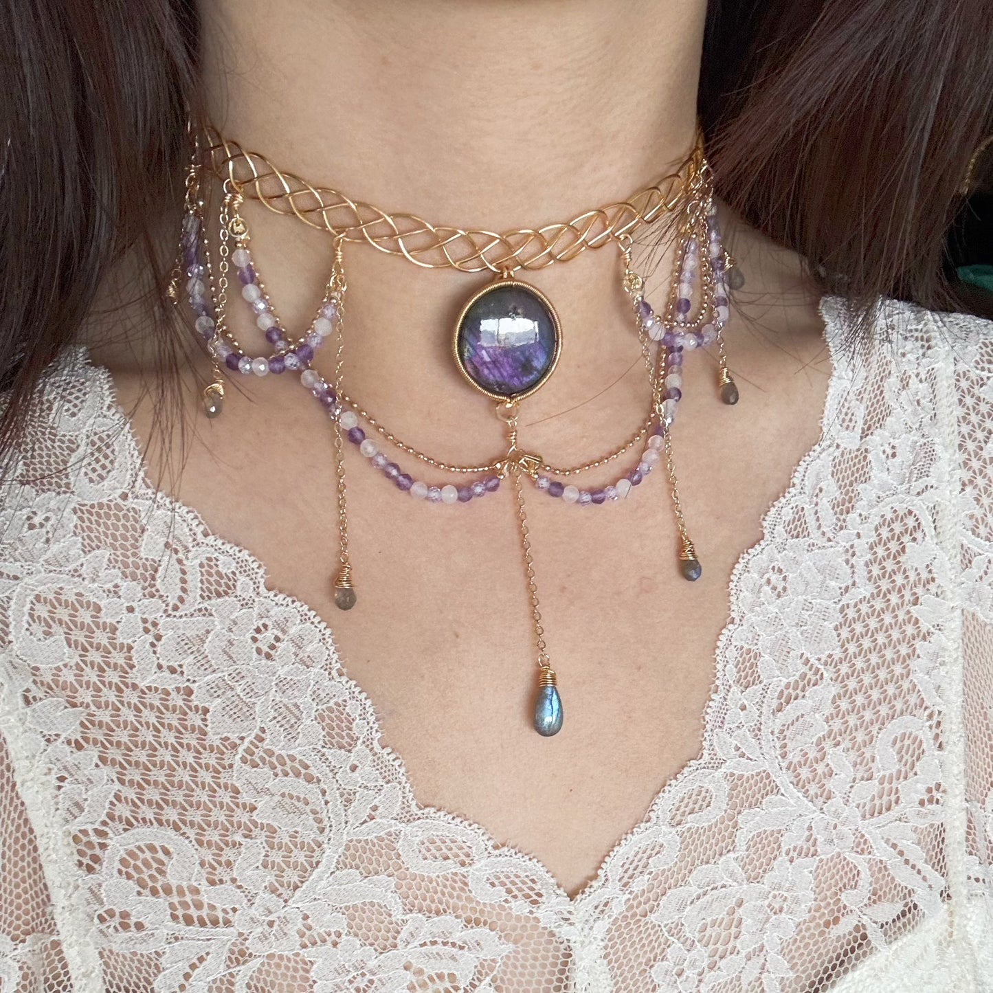 Handmade Purple Labradorite Choker - Wire Wrapped Jewelry