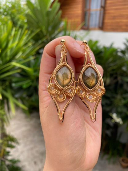 Handmade Yellow Labradorite And Rose Earrings - Wire Wrapped Jewelry