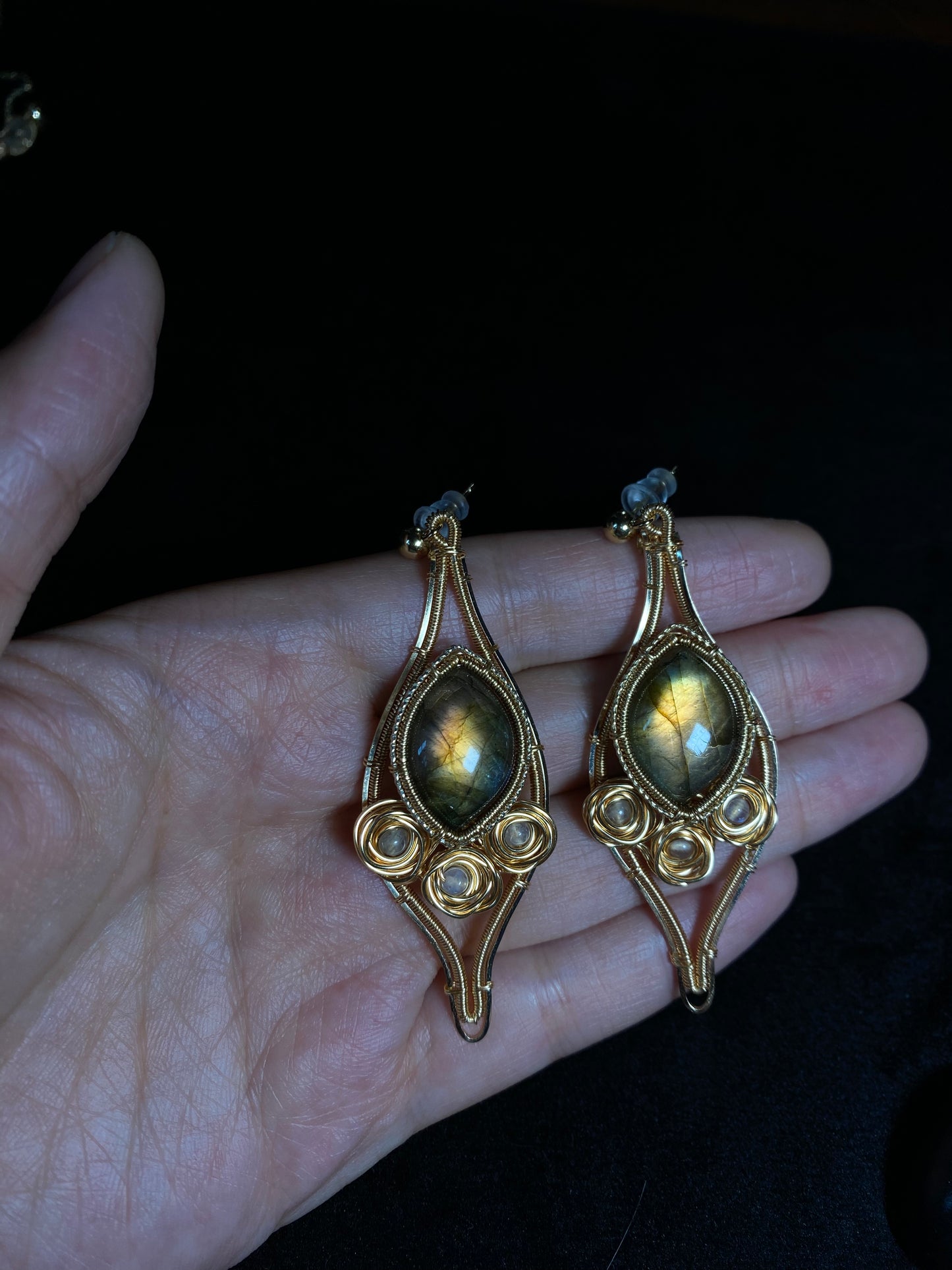 Handmade Yellow Labradorite And Rose Earrings - Wire Wrapped Jewelry