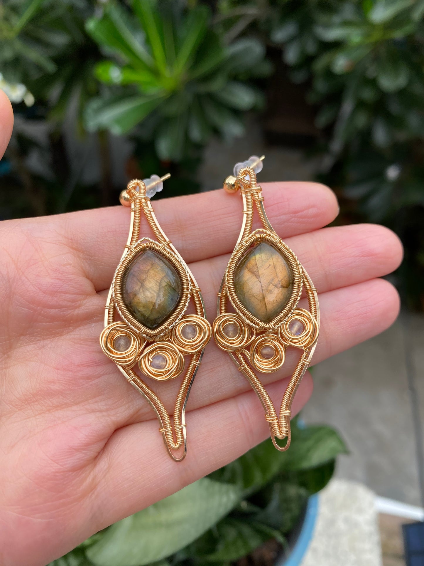 Handmade Yellow Labradorite And Rose Earrings - Wire Wrapped Jewelry