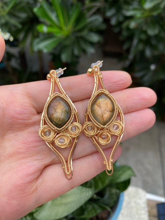 Handmade Yellow Labradorite And Rose Earrings - Wire Wrapped Jewelry