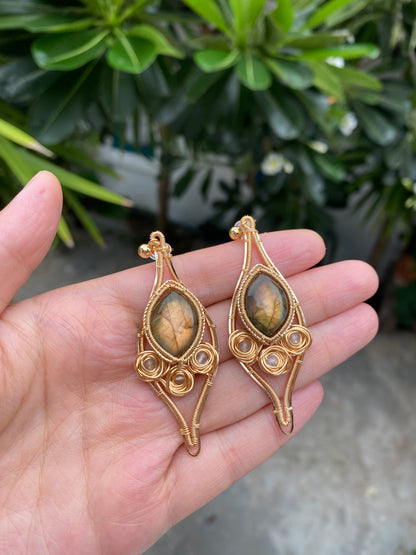 Handmade Yellow Labradorite And Rose Earrings - Wire Wrapped Jewelry