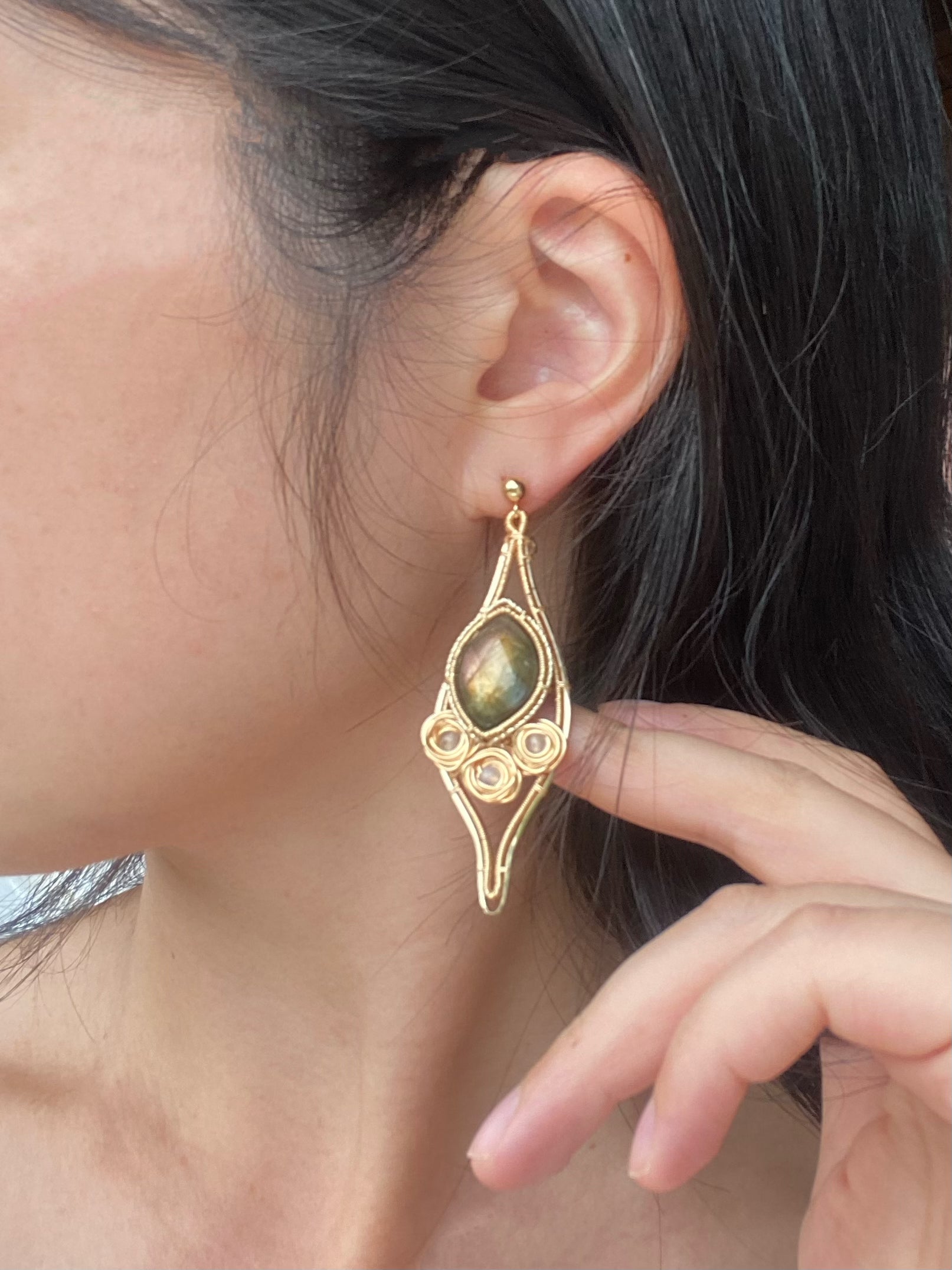 Handmade Yellow Labradorite And Rose Earrings - Wire Wrapped Jewelry