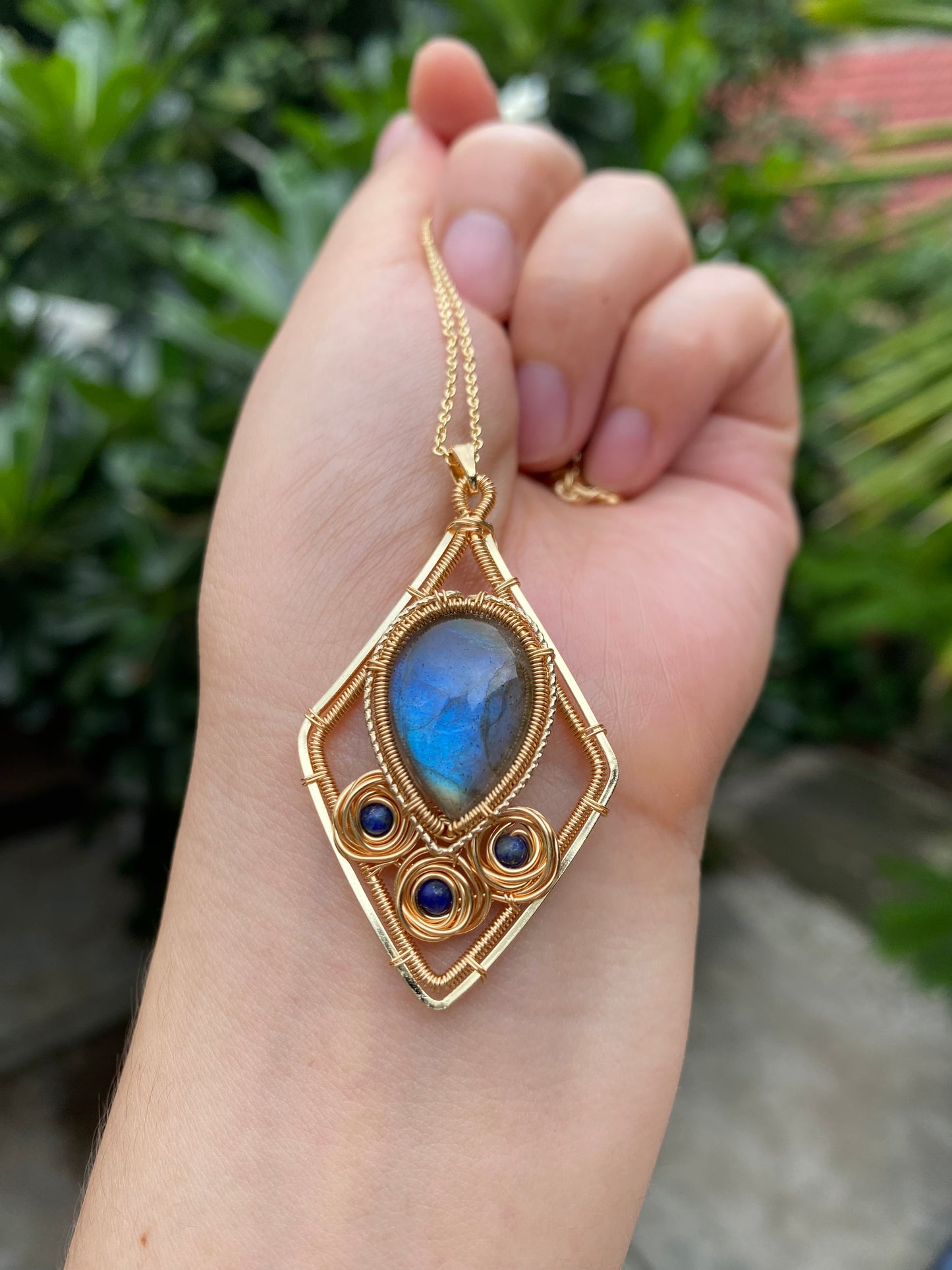 Handmade Rose And Blue Labradorite Necklace - Wire Wrapped Jewelry