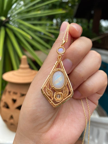 Handmade Rose And Moonstone Necklace - Wire Wrapped Jewelry