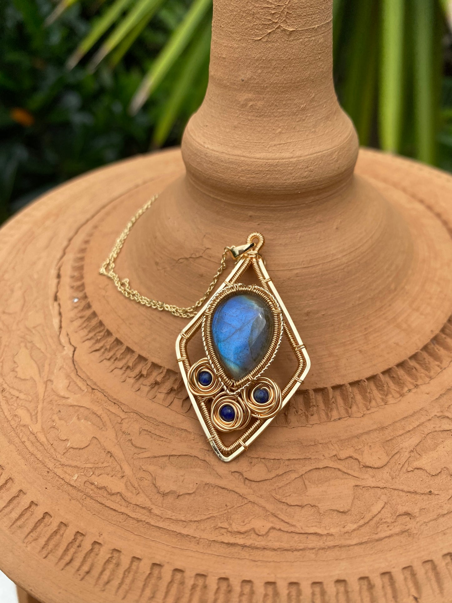 Handmade Rose And Blue Labradorite Necklace - Wire Wrapped Jewelry